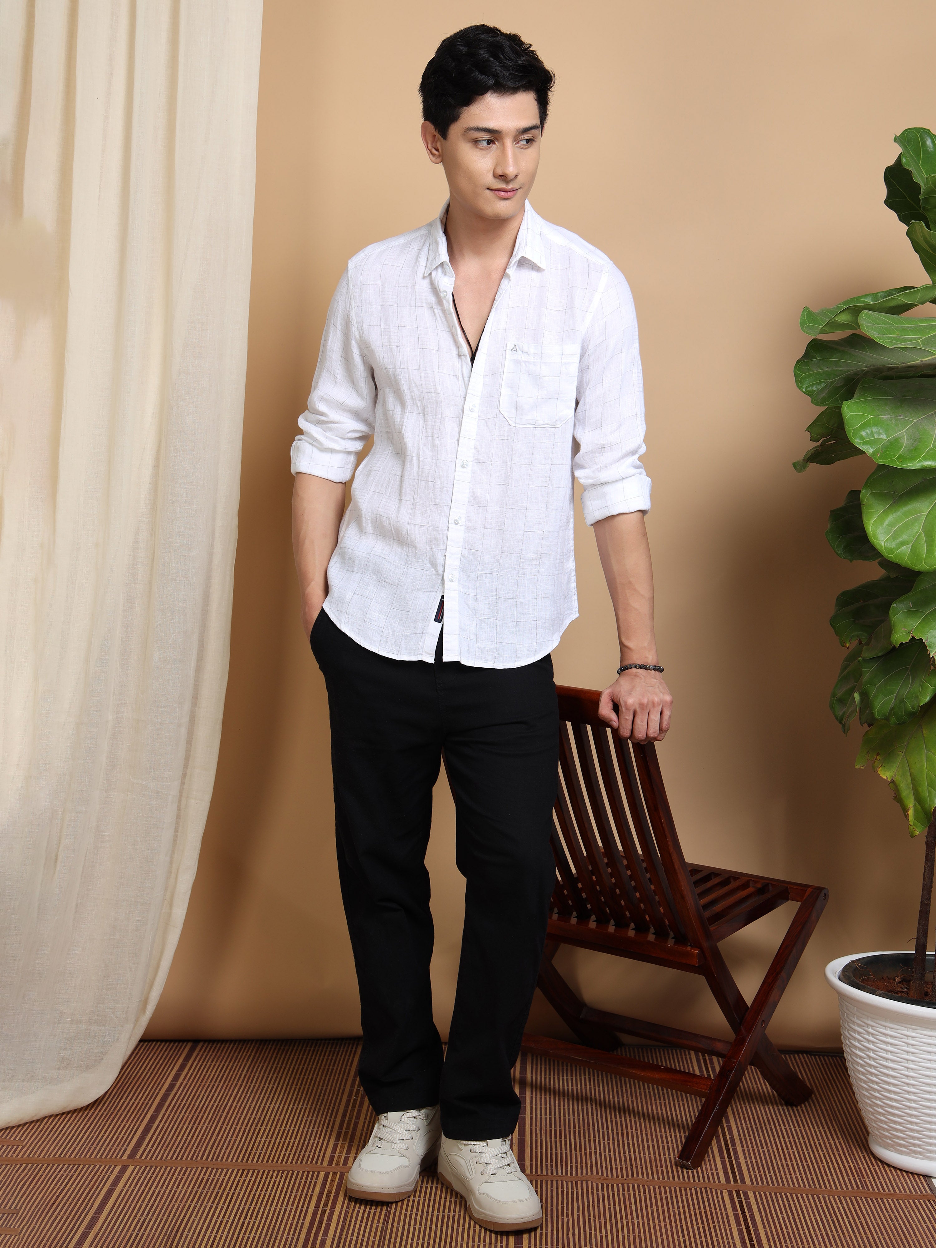MEN'S WHITE CHECKS SLIM FIT LINEN SHIRT
