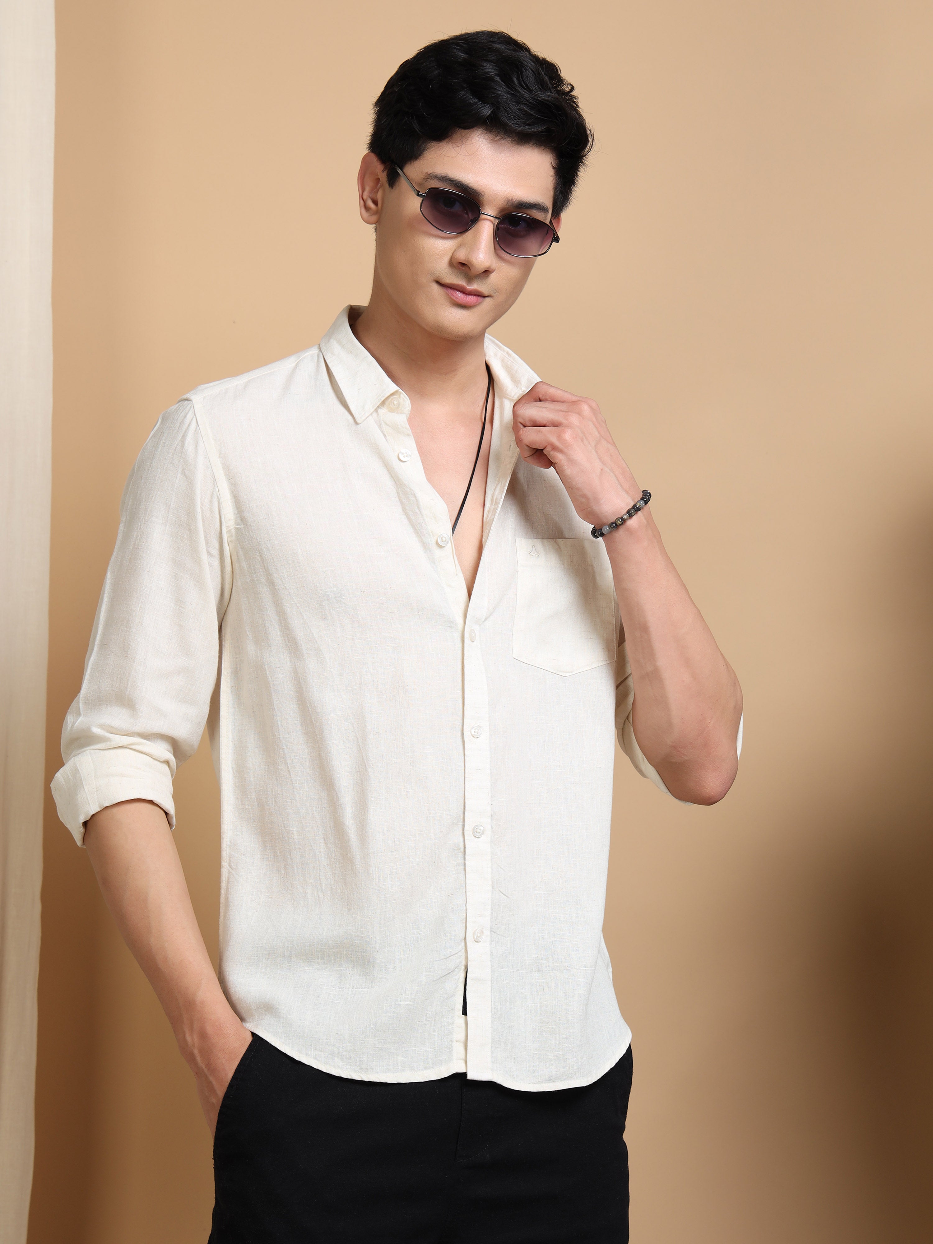 MEN'S NATURAL SOLID SLIM FIT LINEN SHIRT