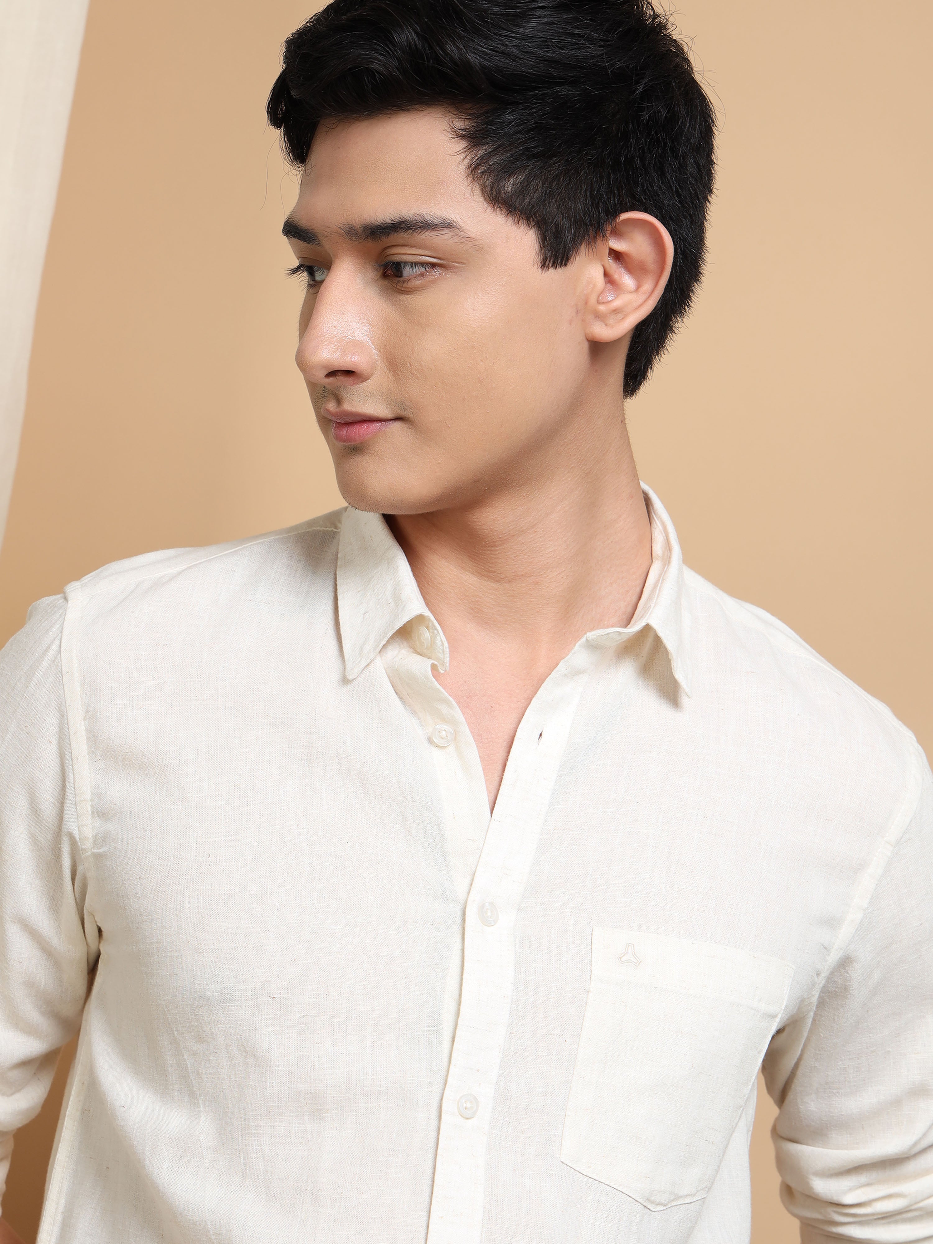 MEN'S NATURAL SOLID SLIM FIT LINEN SHIRT