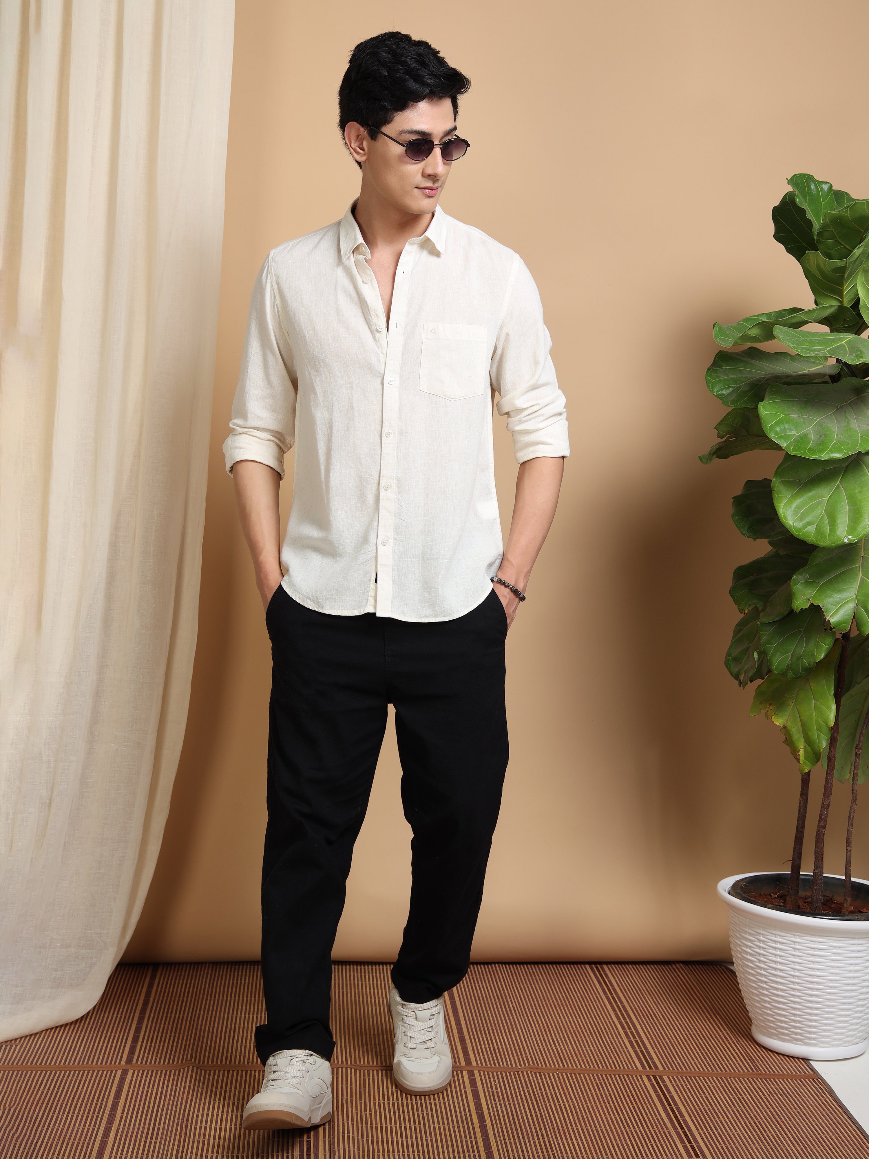 MEN'S NATURAL SOLID SLIM FIT LINEN SHIRT