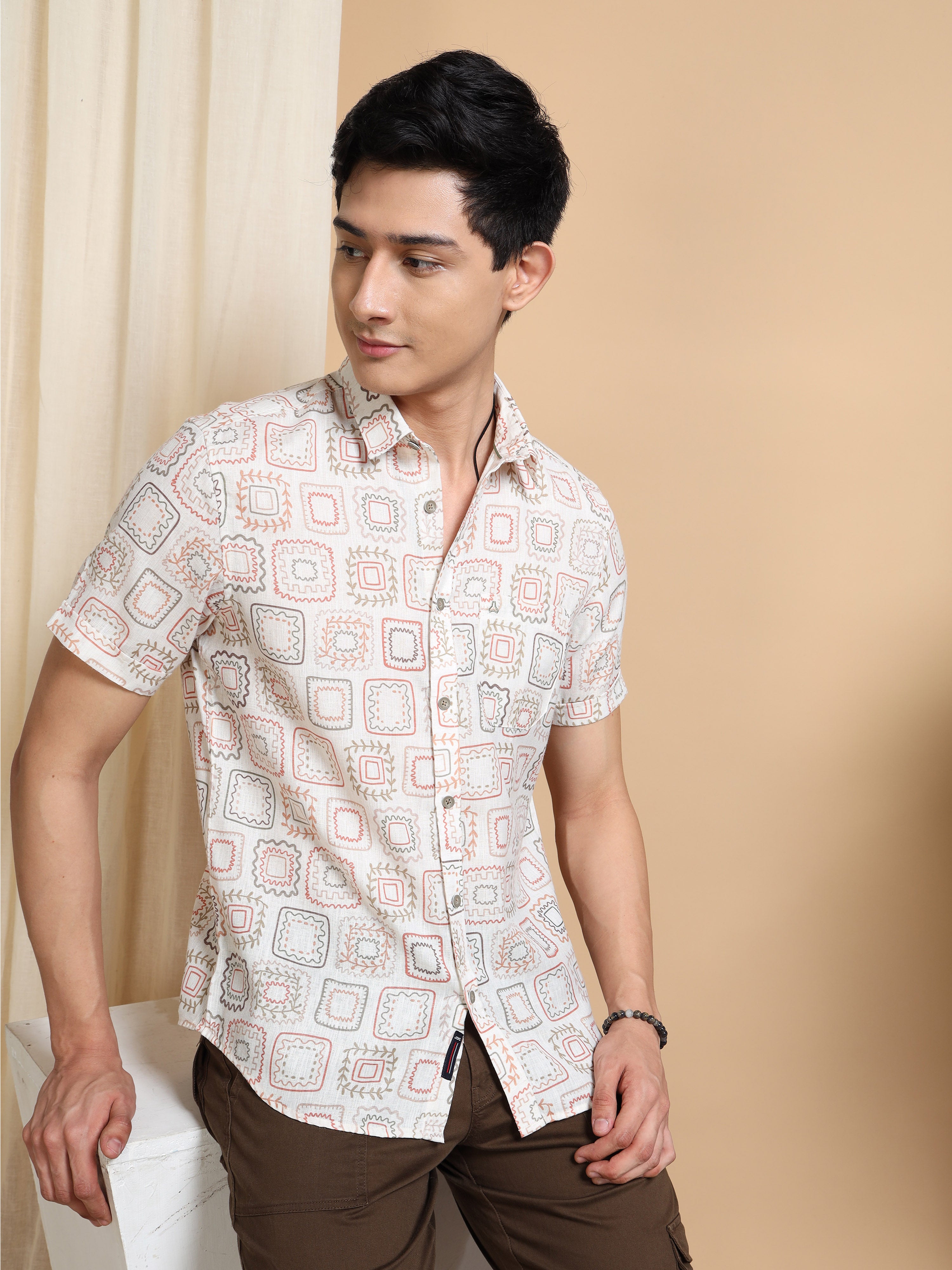 MEN'S DK.ORANGE PRINT SLIM FIT SHIRT