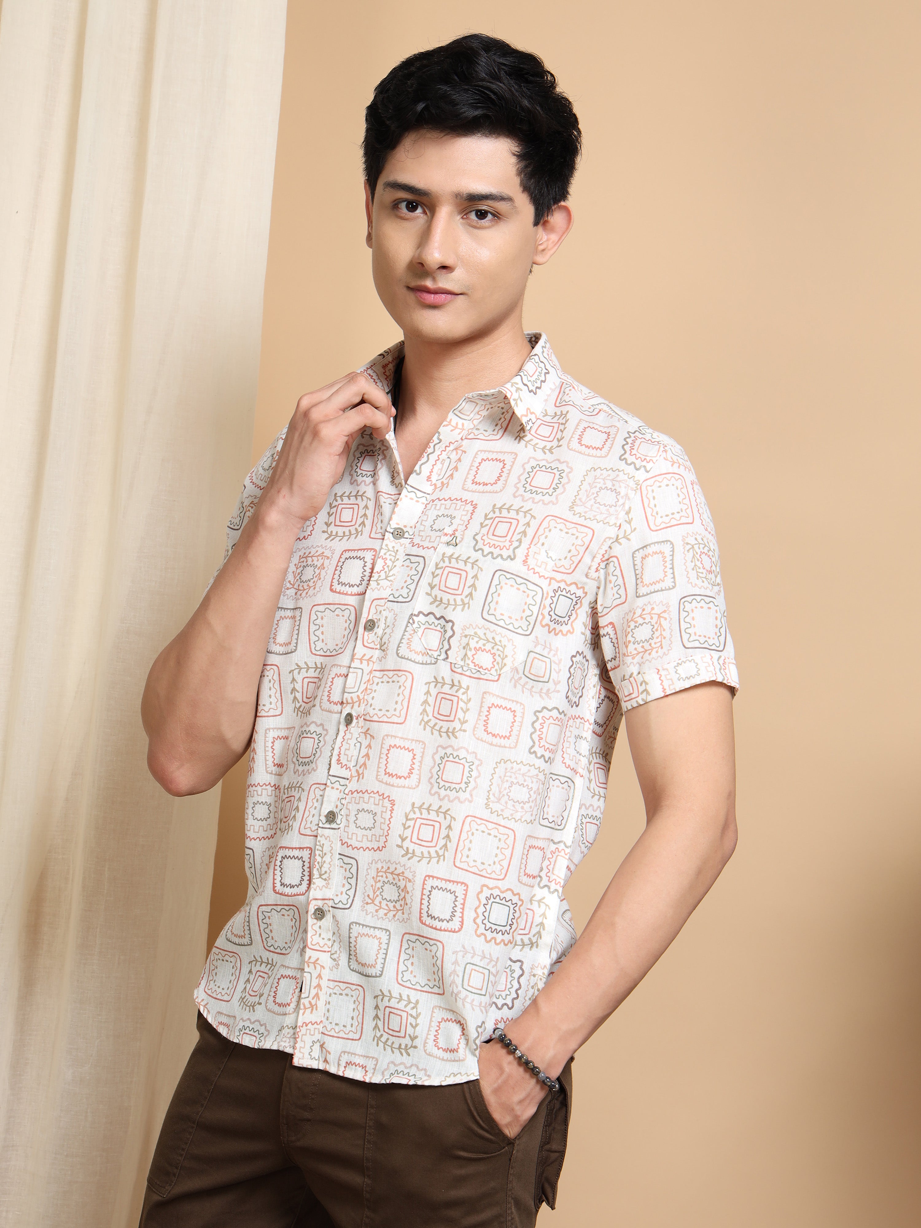 MEN'S DK.ORANGE PRINT SLIM FIT SHIRT