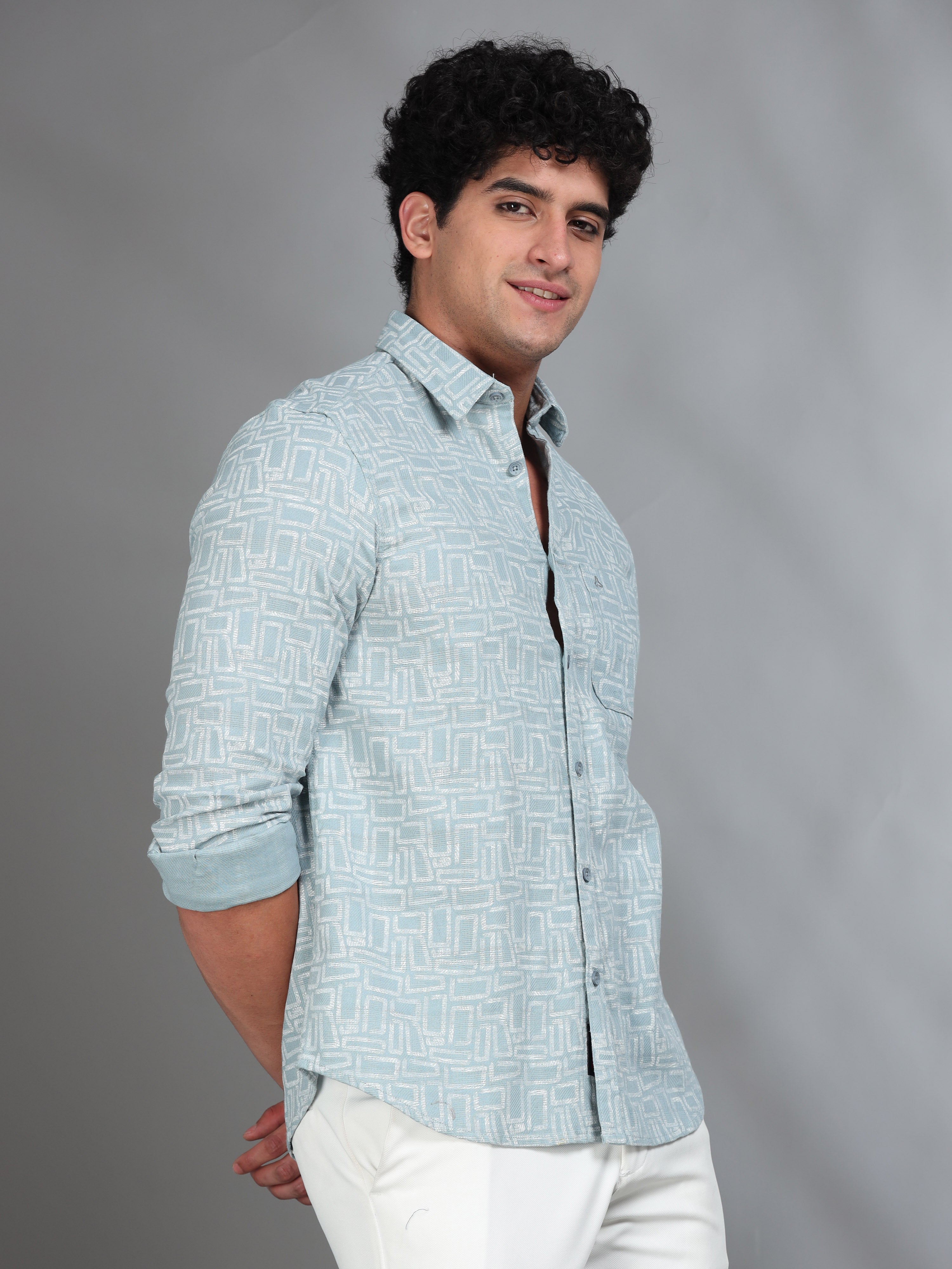 MEN'S WHITE PRINT SLIM FIT SHIRT