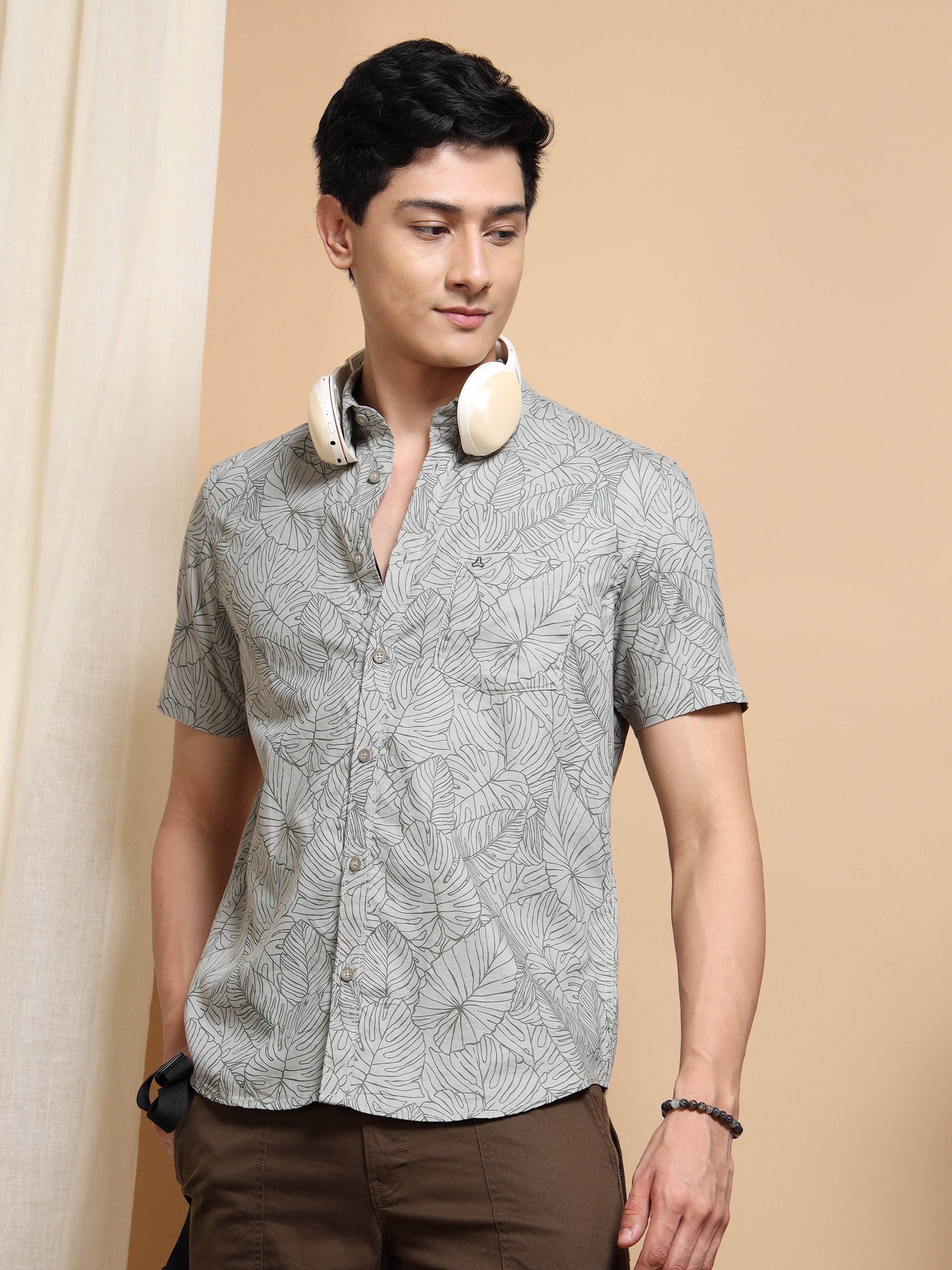 MEN'S GRENISH GREY PRINT SLIM FIT SHIRT
