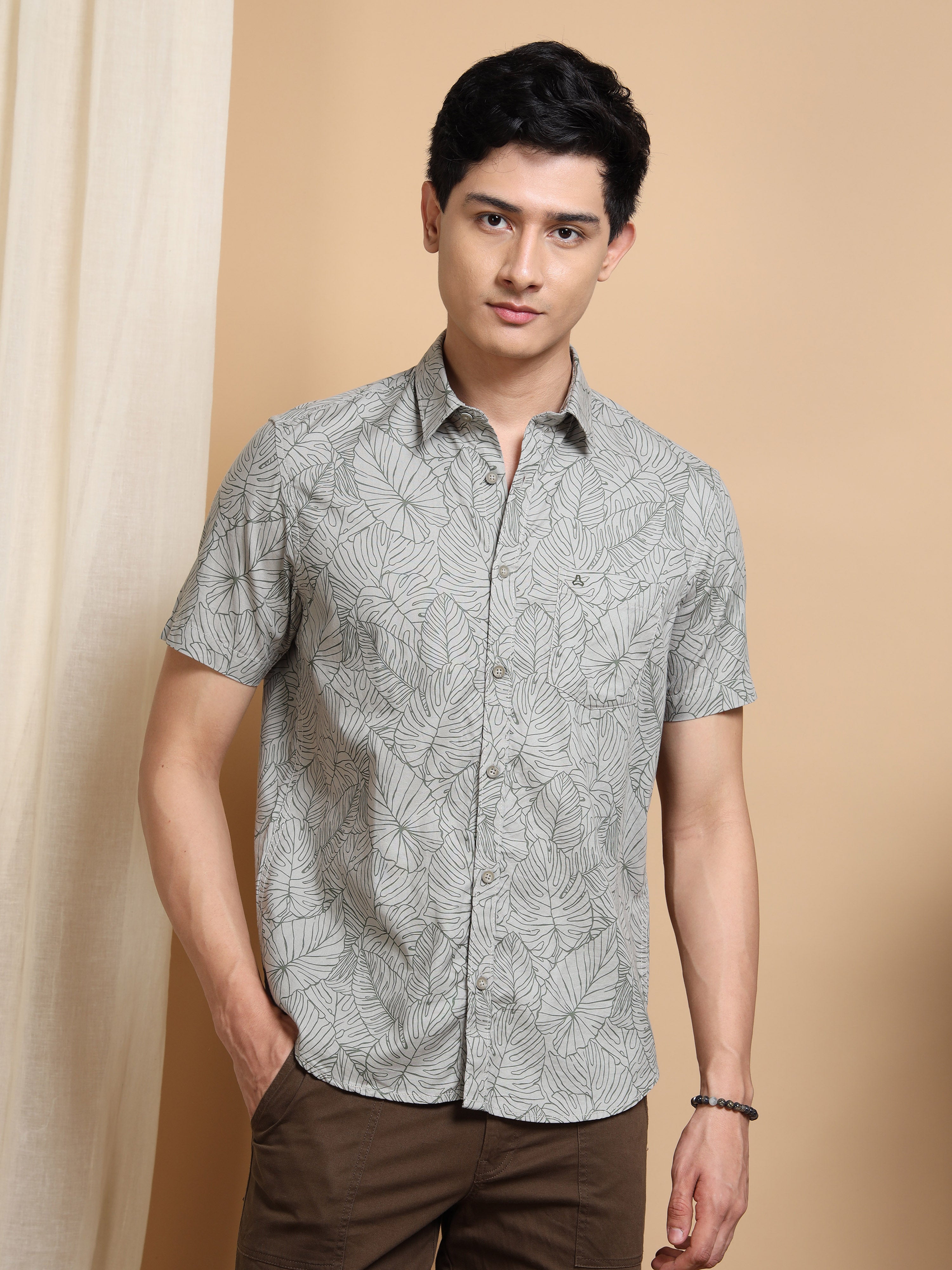 MEN'S GRENISH GREY PRINT SLIM FIT SHIRT