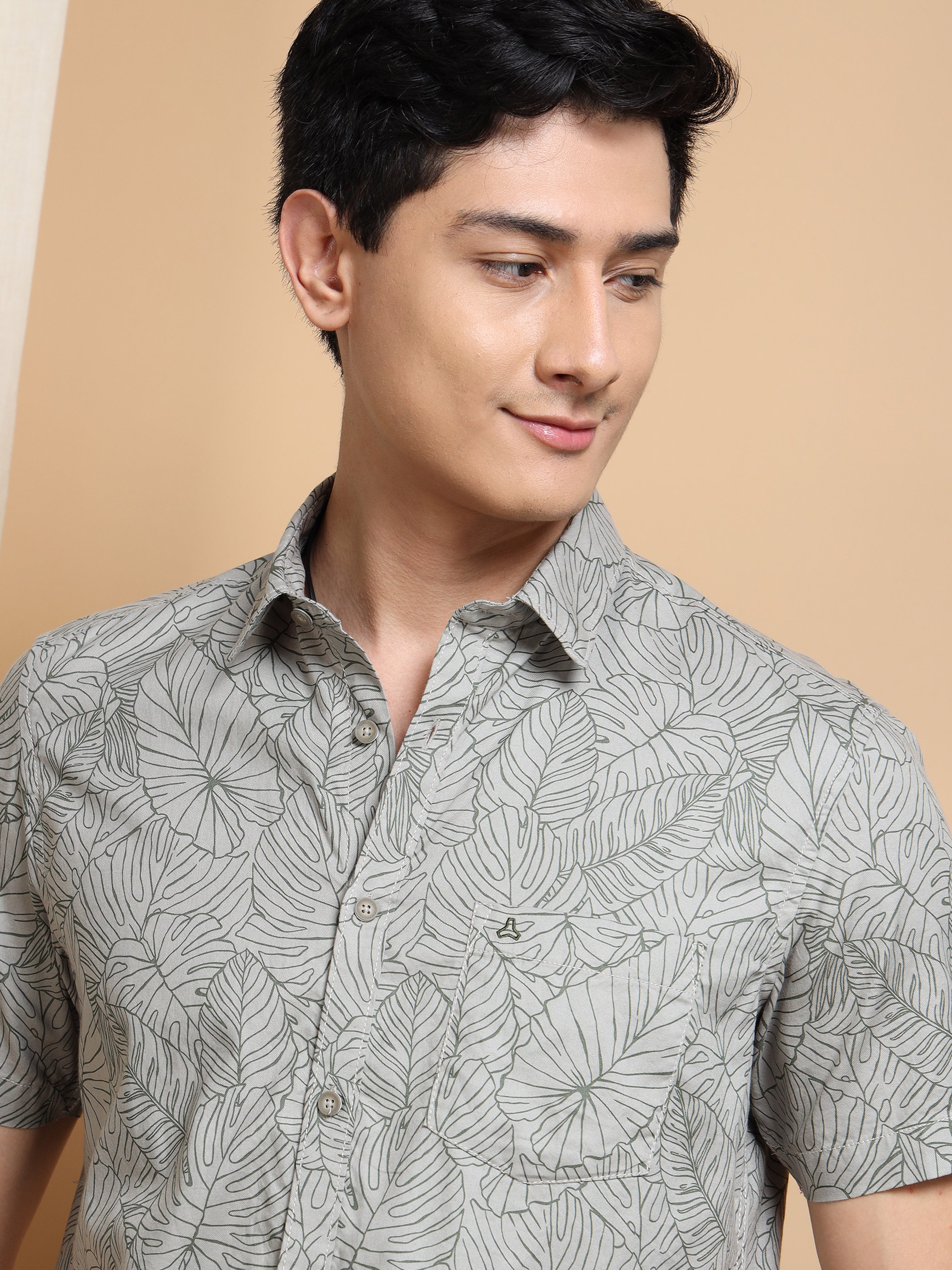 MEN'S GRENISH GREY PRINT SLIM FIT SHIRT