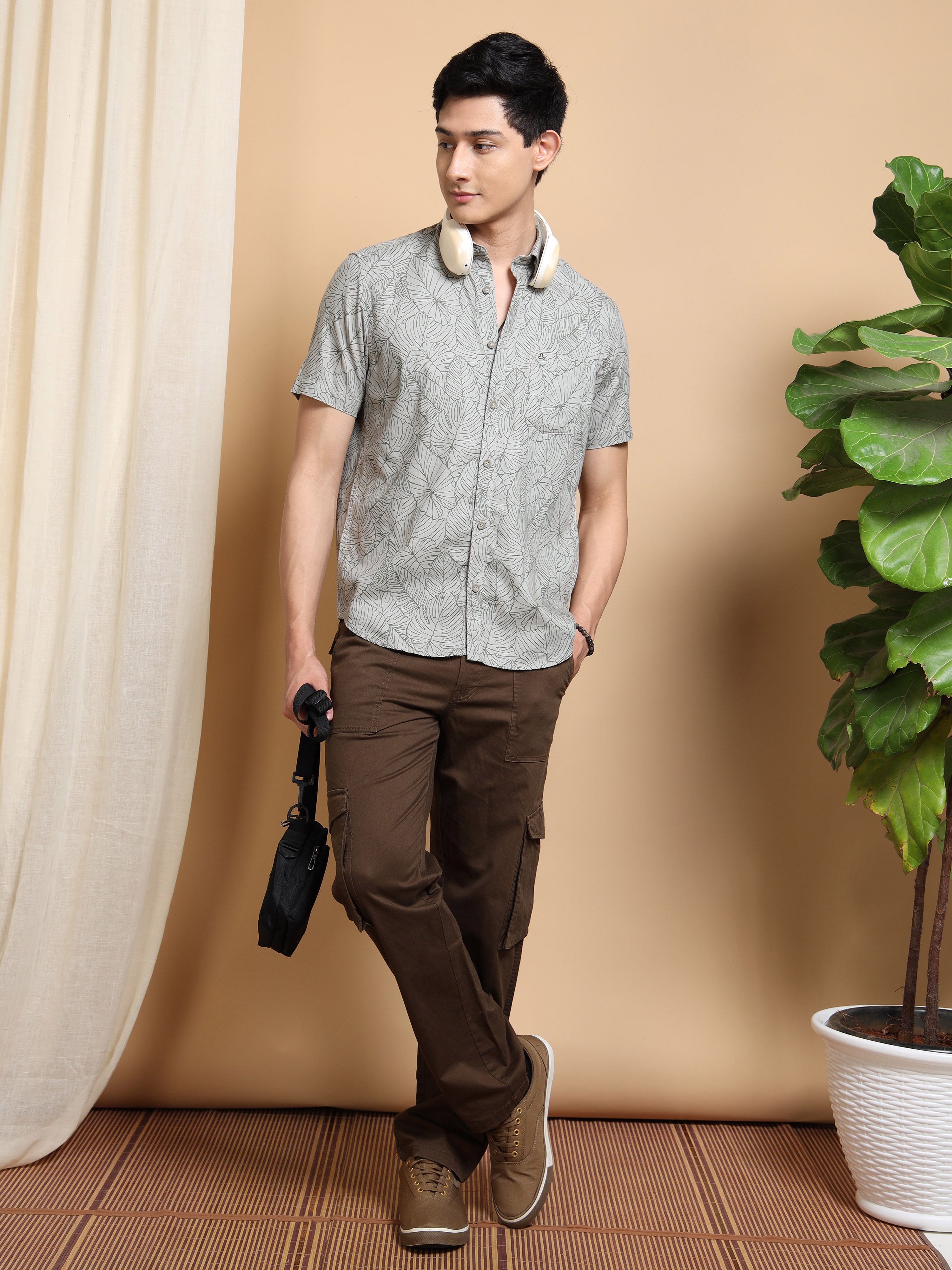 MEN'S GRENISH GREY PRINT SLIM FIT SHIRT