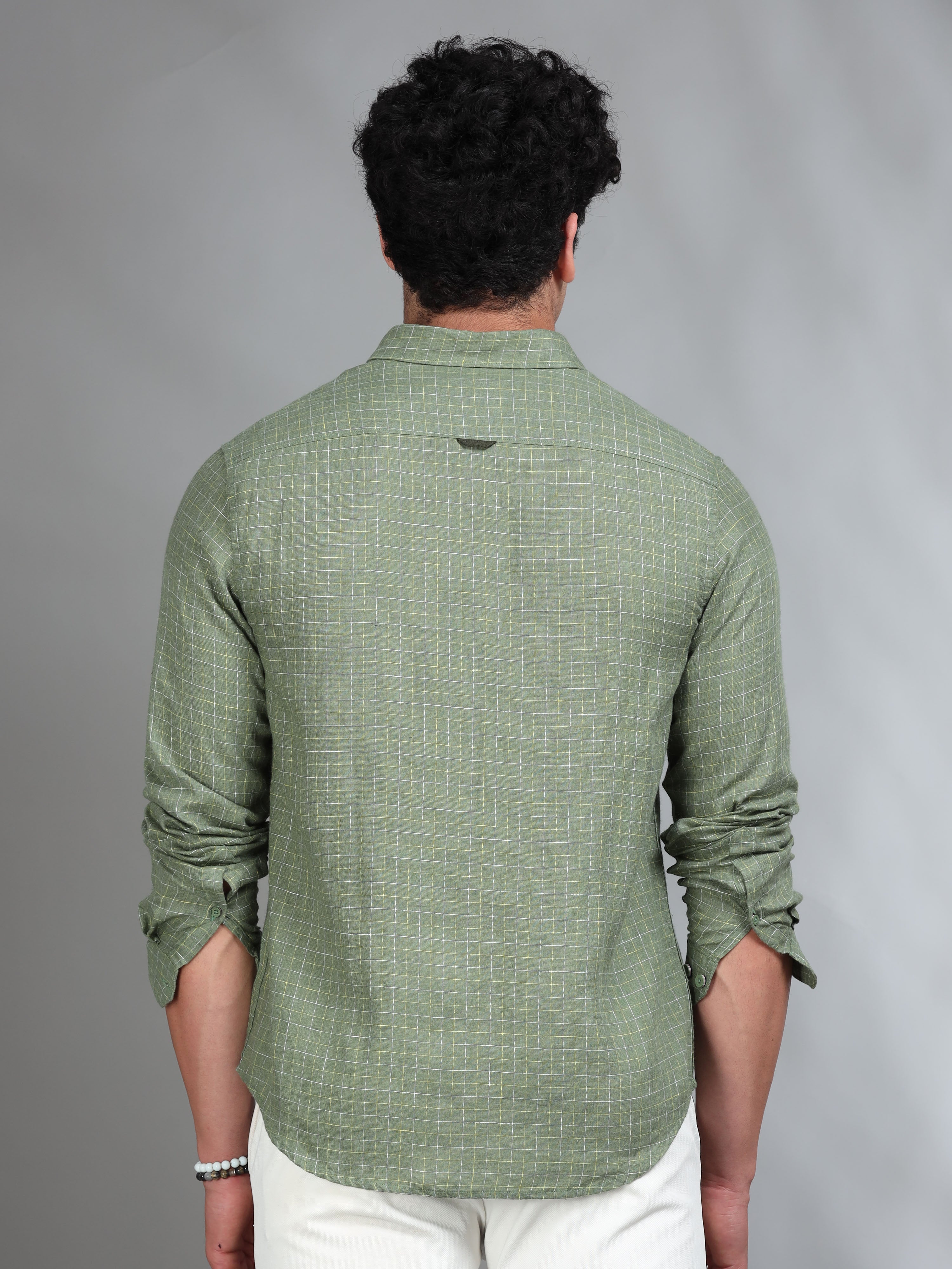 MEN'S GREEN CHECKS SLIM FIT LINEN SHIRT