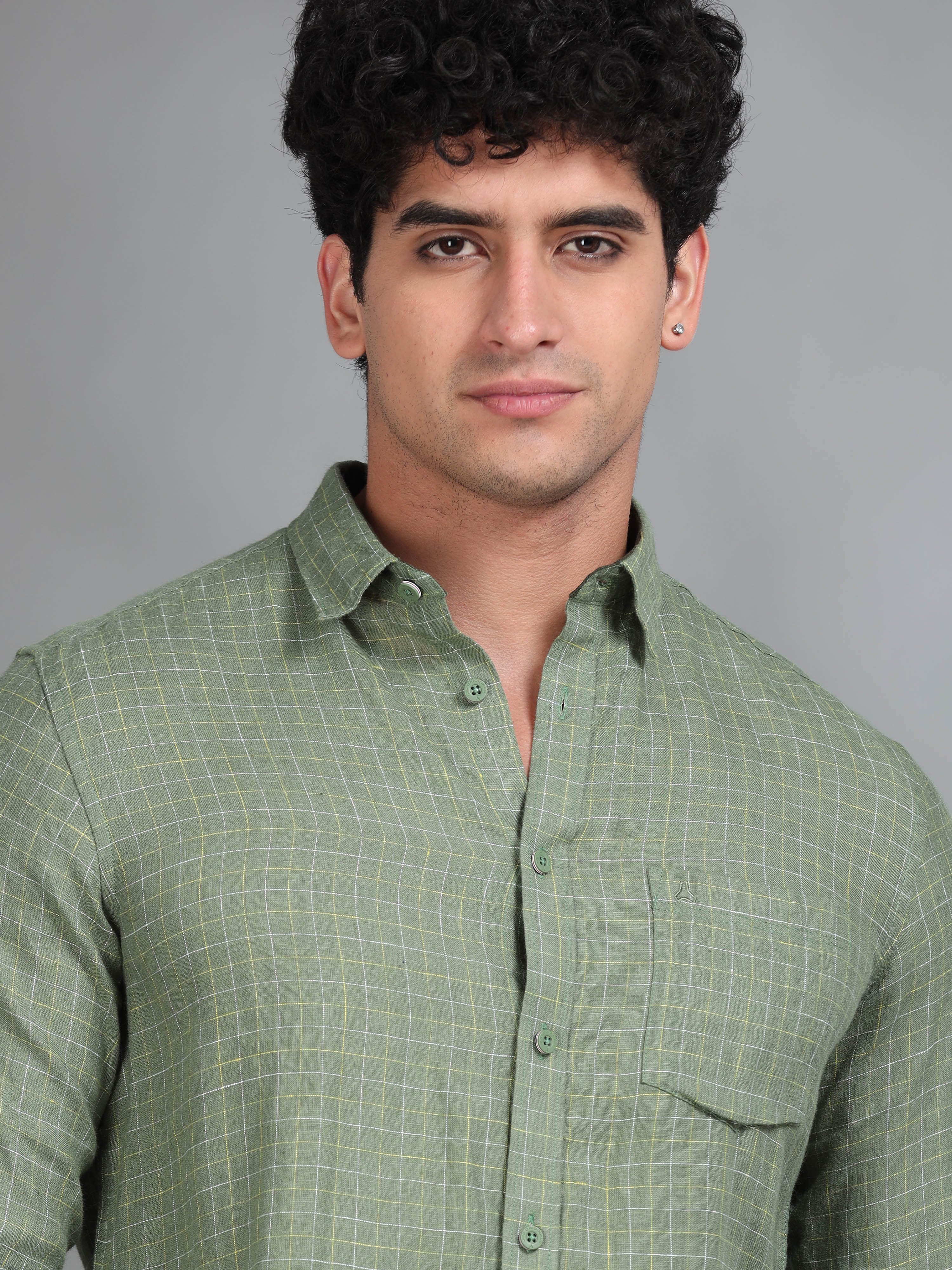MEN'S GREEN CHECKS SLIM FIT LINEN SHIRT