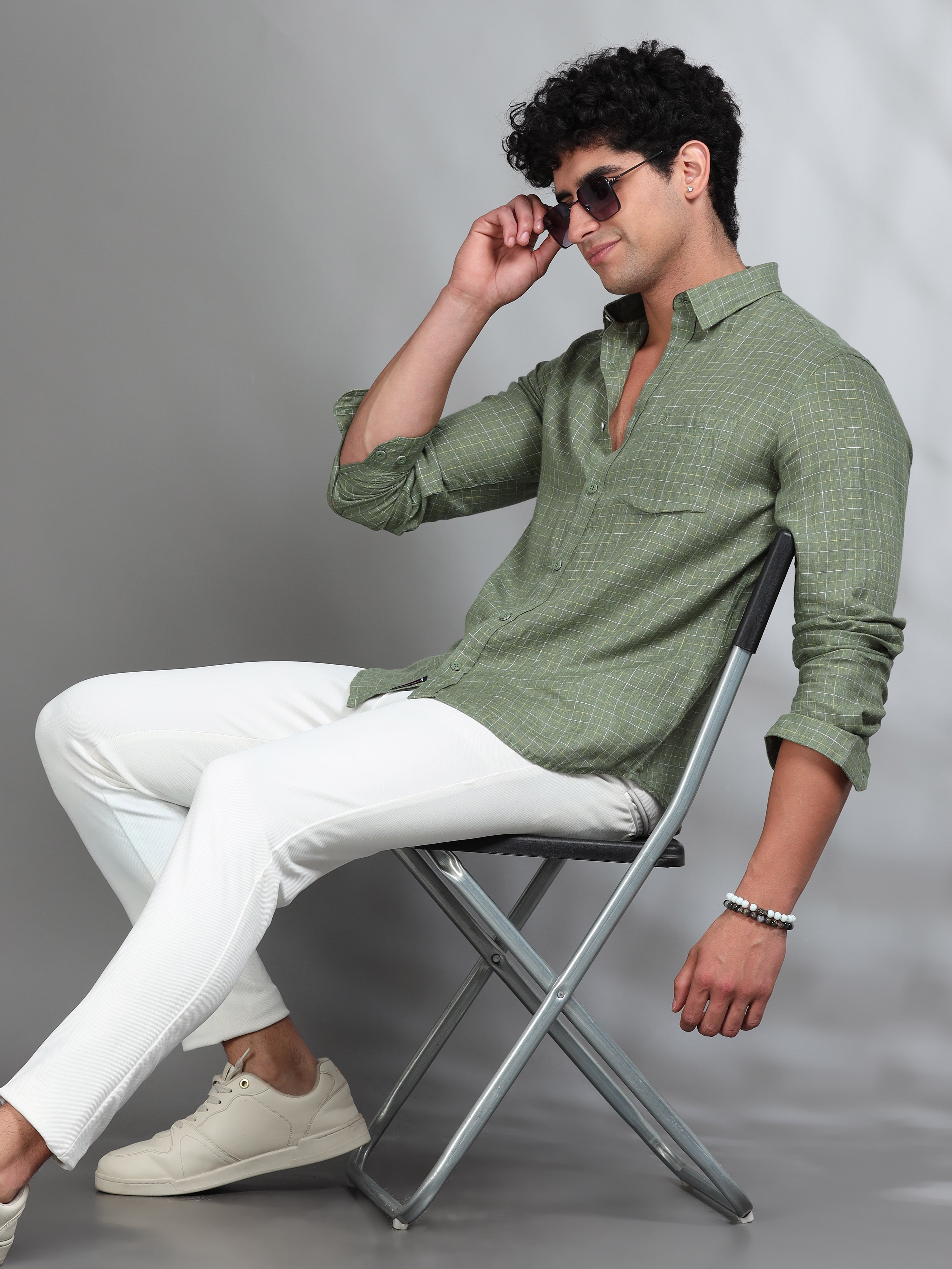 MEN'S GREEN CHECKS SLIM FIT LINEN SHIRT