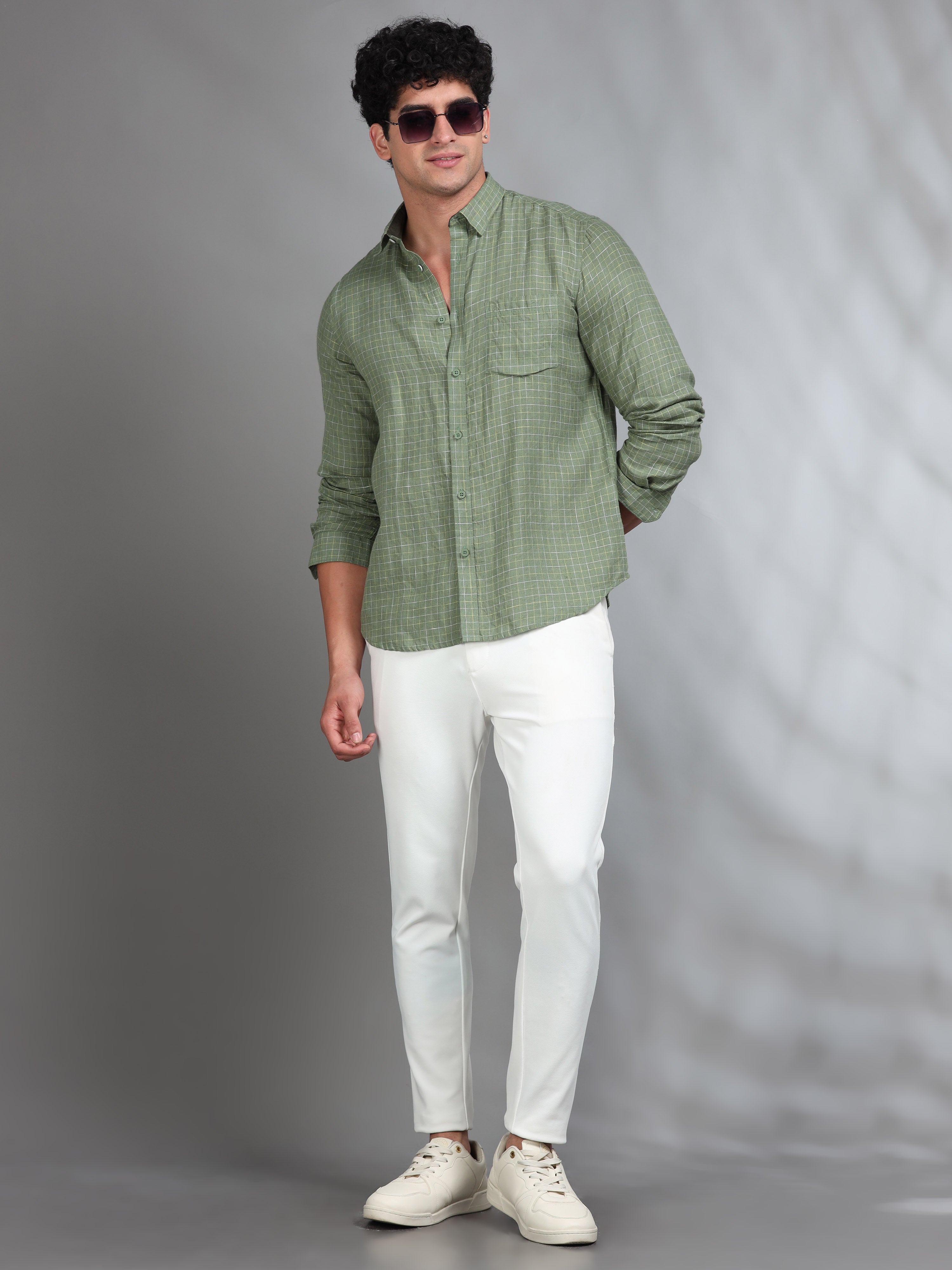 MEN'S GREEN CHECKS SLIM FIT LINEN SHIRT