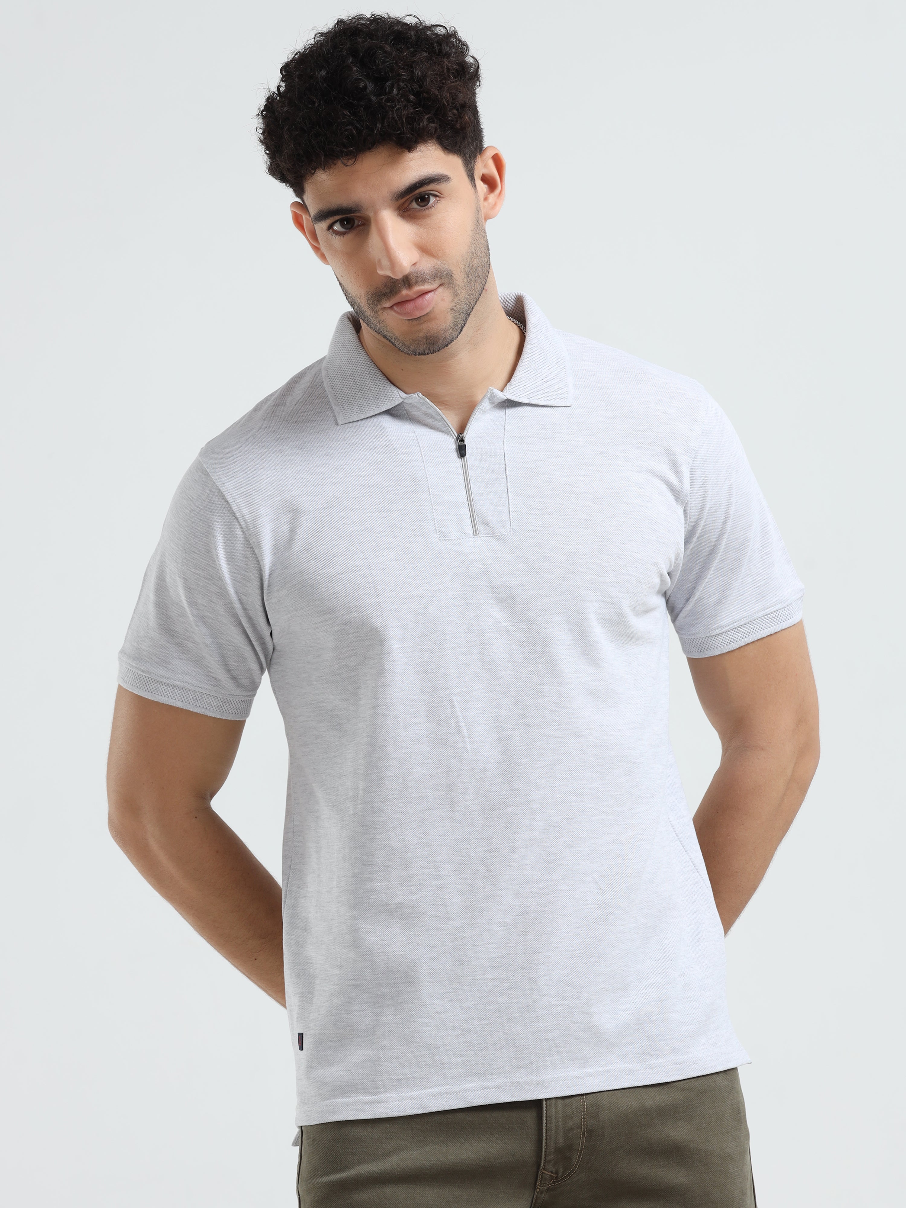 MEN'S ECRU MELANGE SOLID SLIM FIT POLO T SHIRT