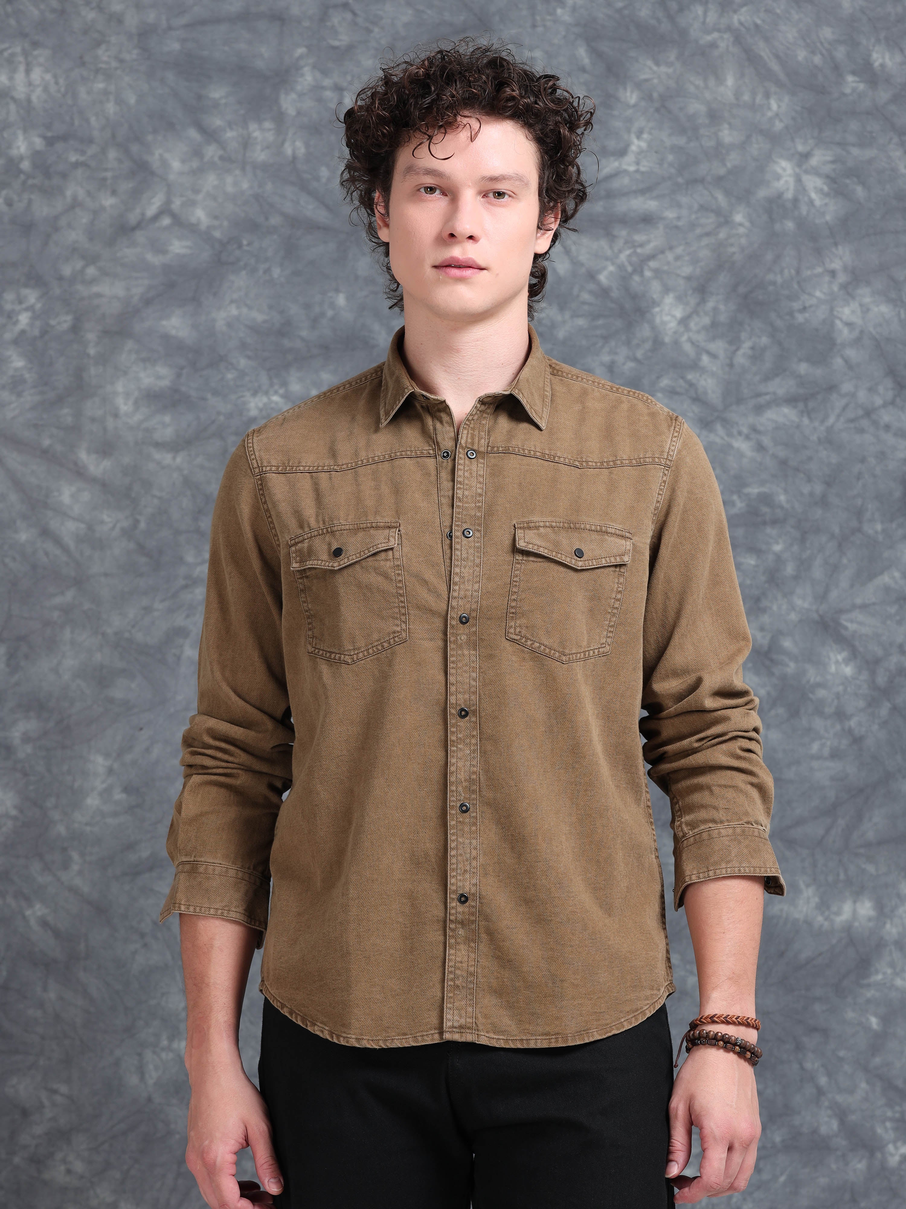 MEN'S KHAKI DENIM SOLID SLIM FIT SHIRT