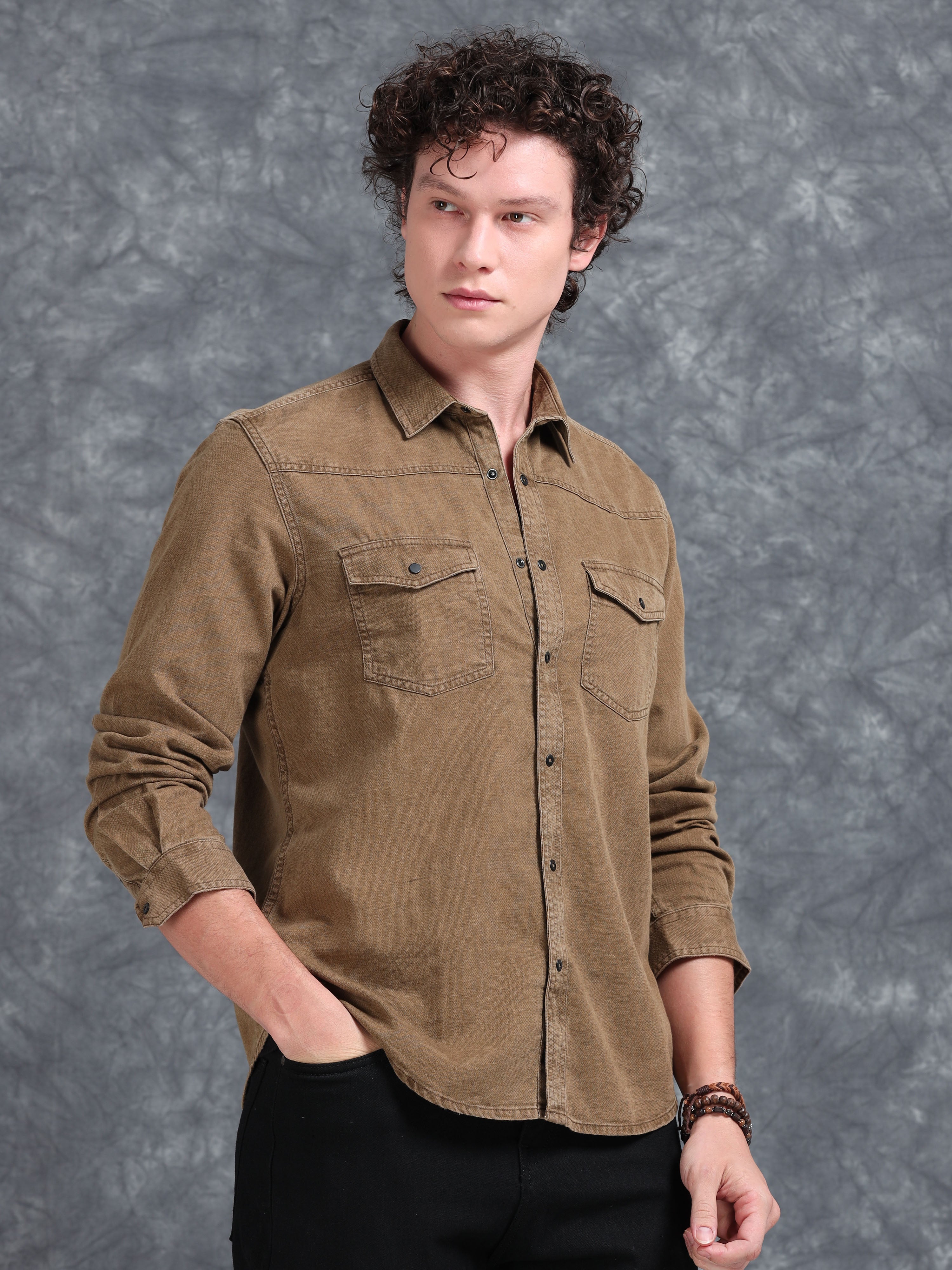 MEN'S KHAKI DENIM SOLID SLIM FIT SHIRT
