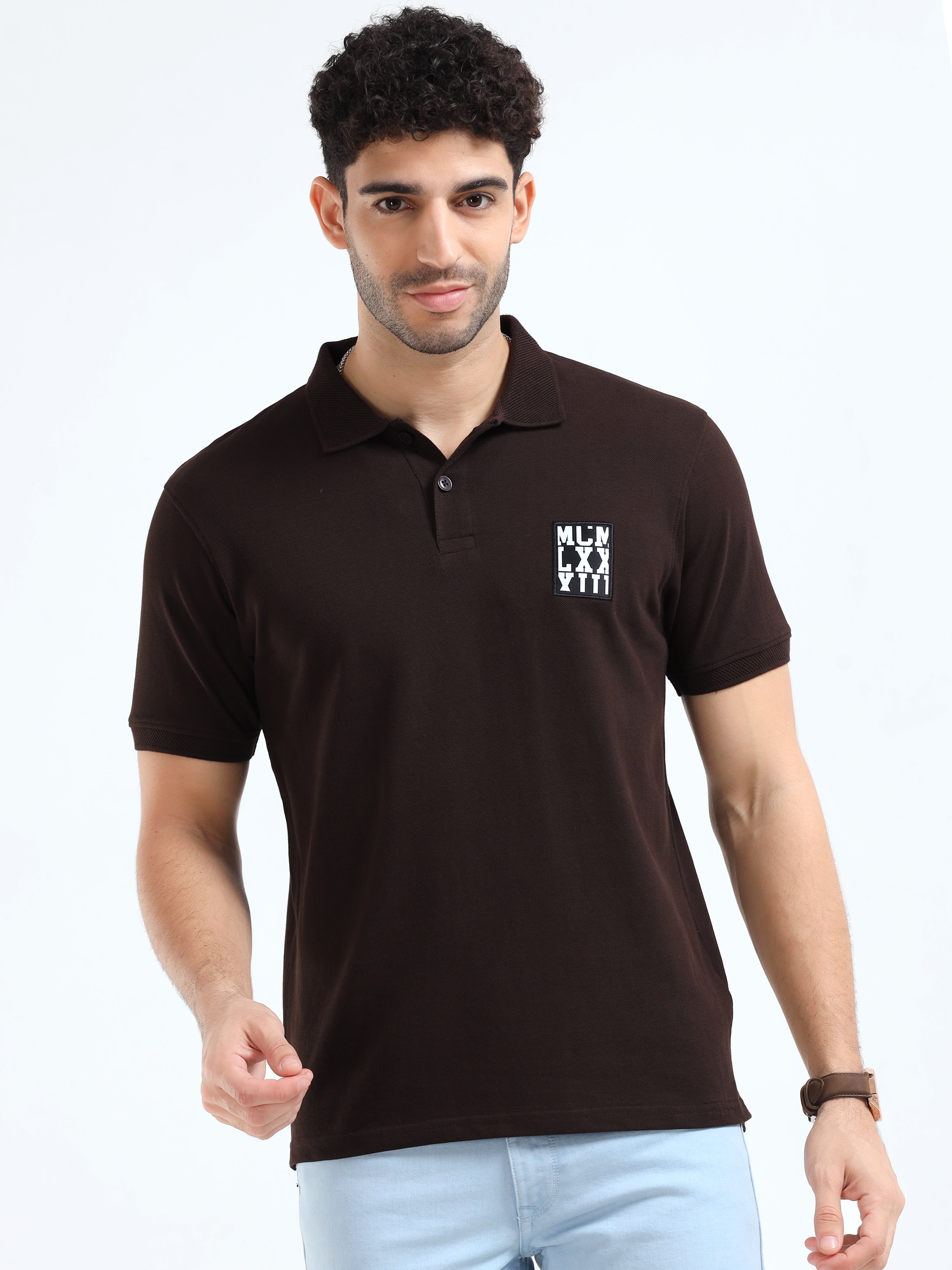 MEN'S BROWN SOLID SLIM FIT POLO  T SHIRT