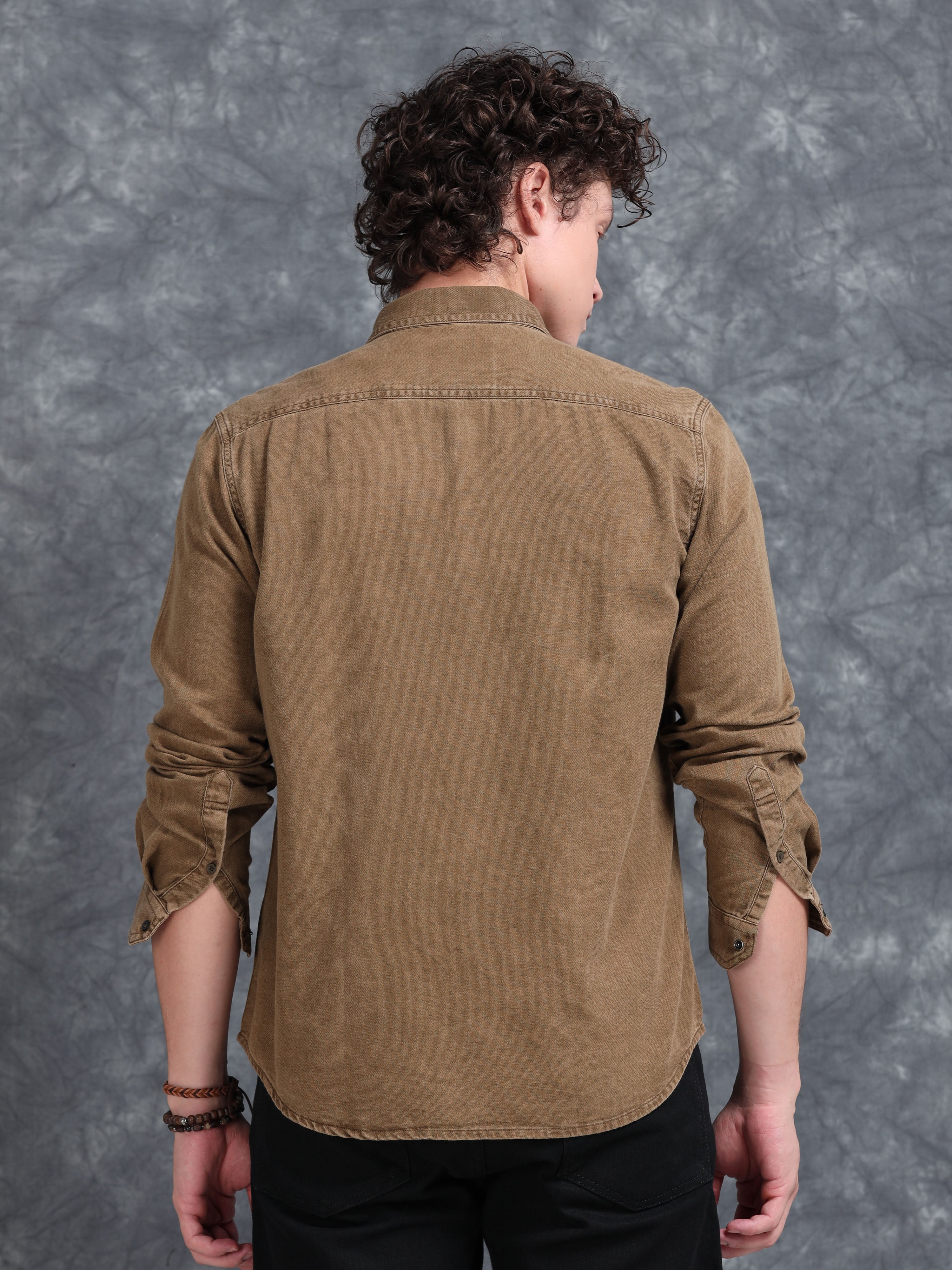 MEN'S KHAKI DENIM SOLID SLIM FIT SHIRT