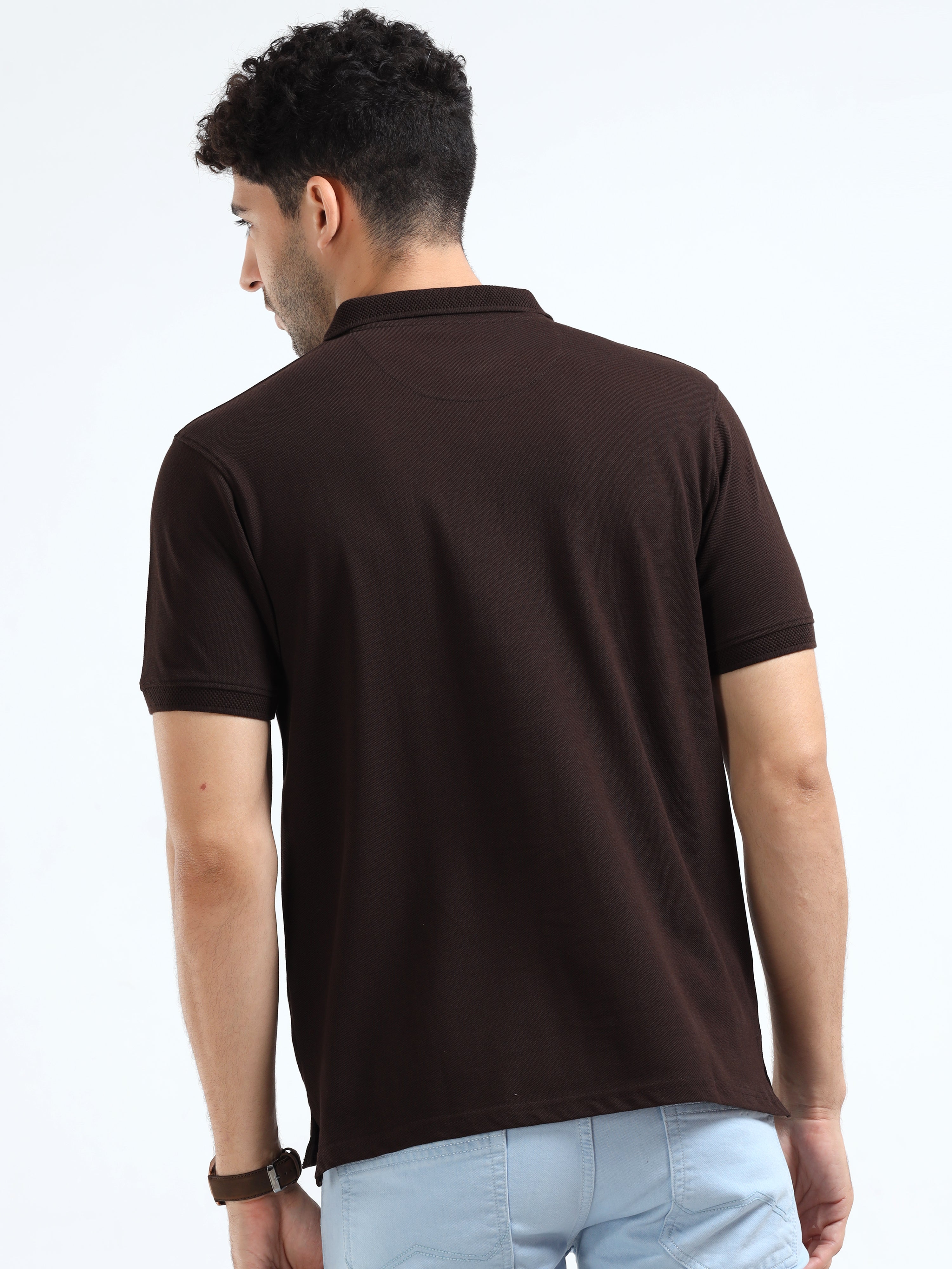 MEN'S BROWN SOLID SLIM FIT POLO  T SHIRT