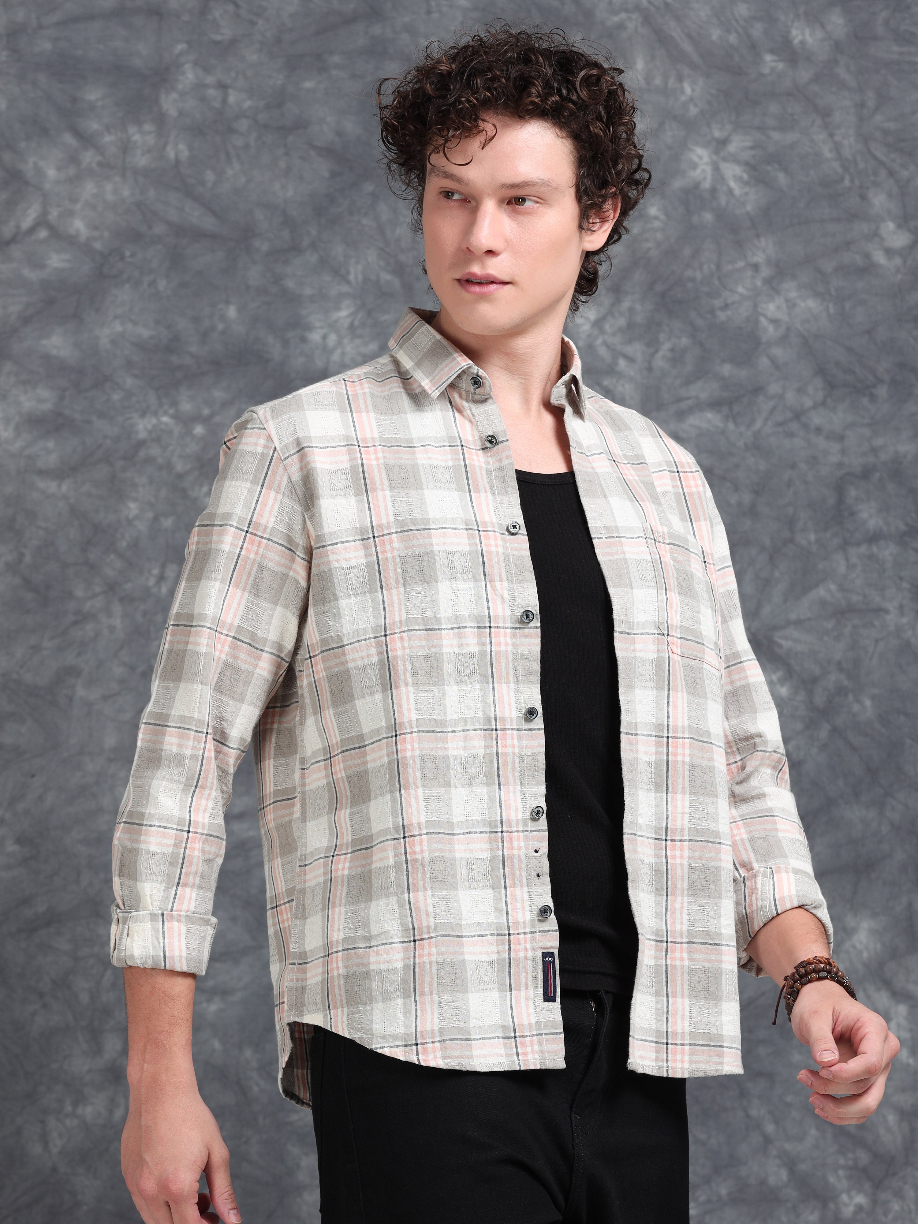 MEN'S LT.ORANGE CHECKS SLIM FIT SHIRT
