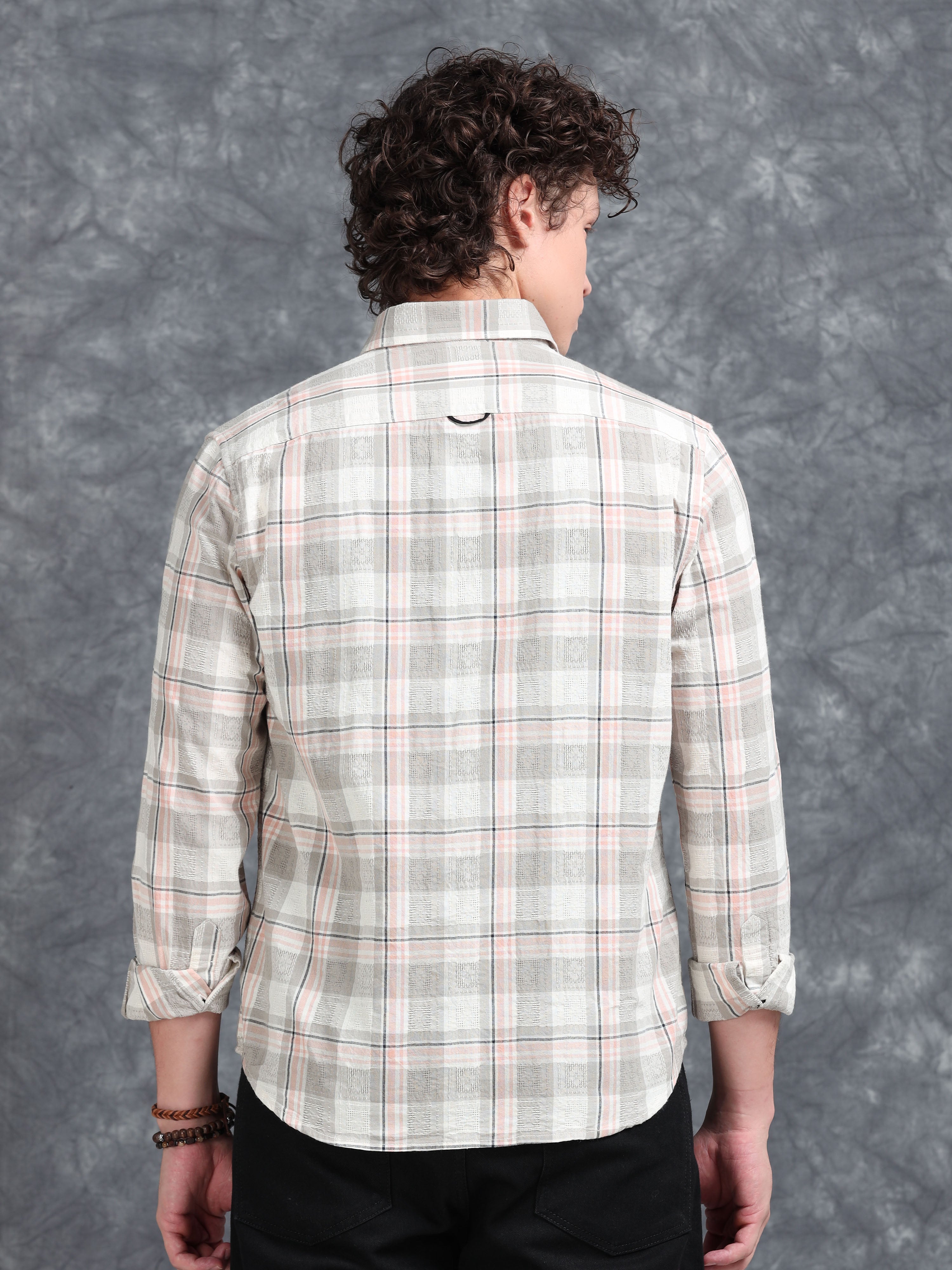 MEN'S LT.ORANGE CHECKS SLIM FIT SHIRT