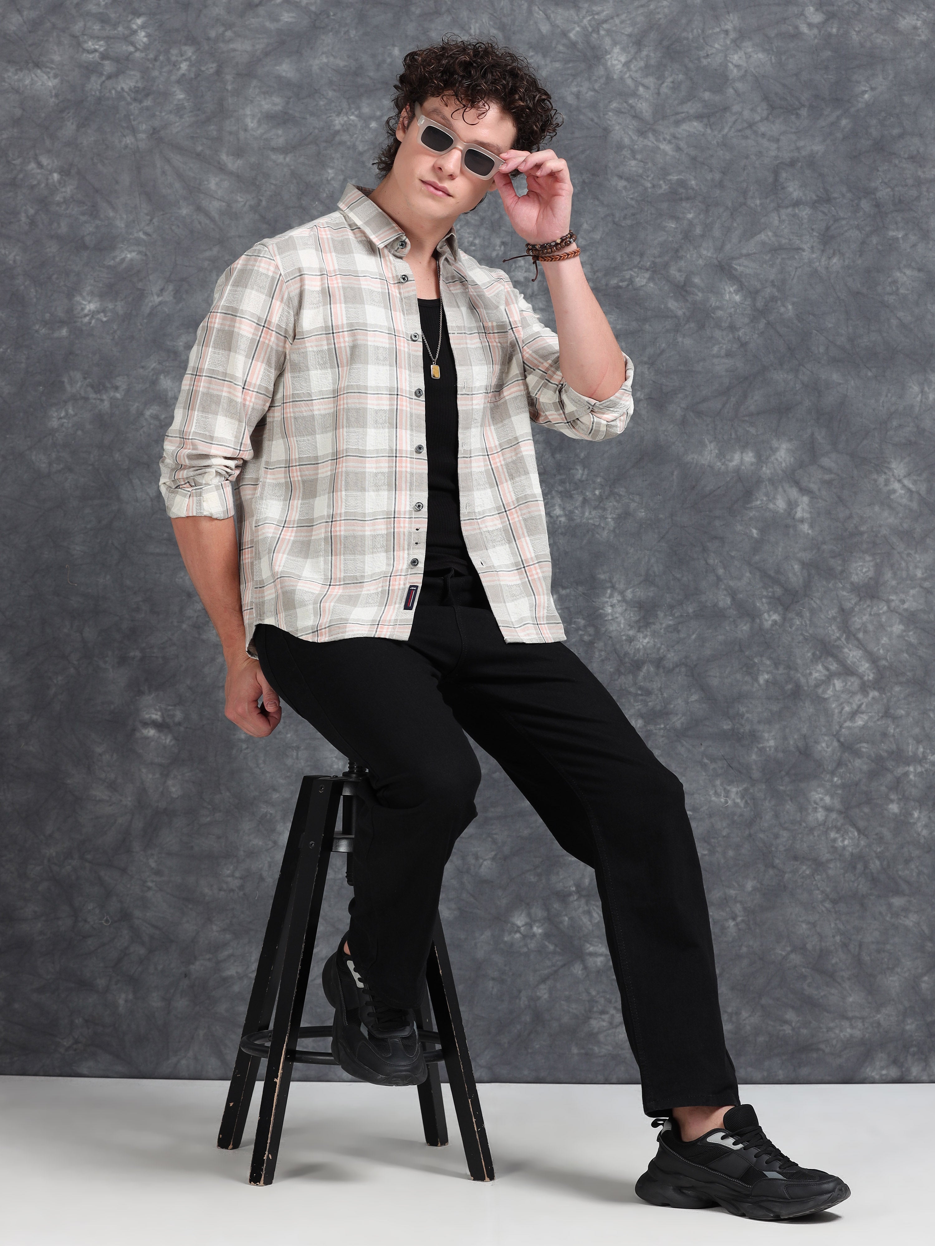 MEN'S LT.ORANGE CHECKS SLIM FIT SHIRT