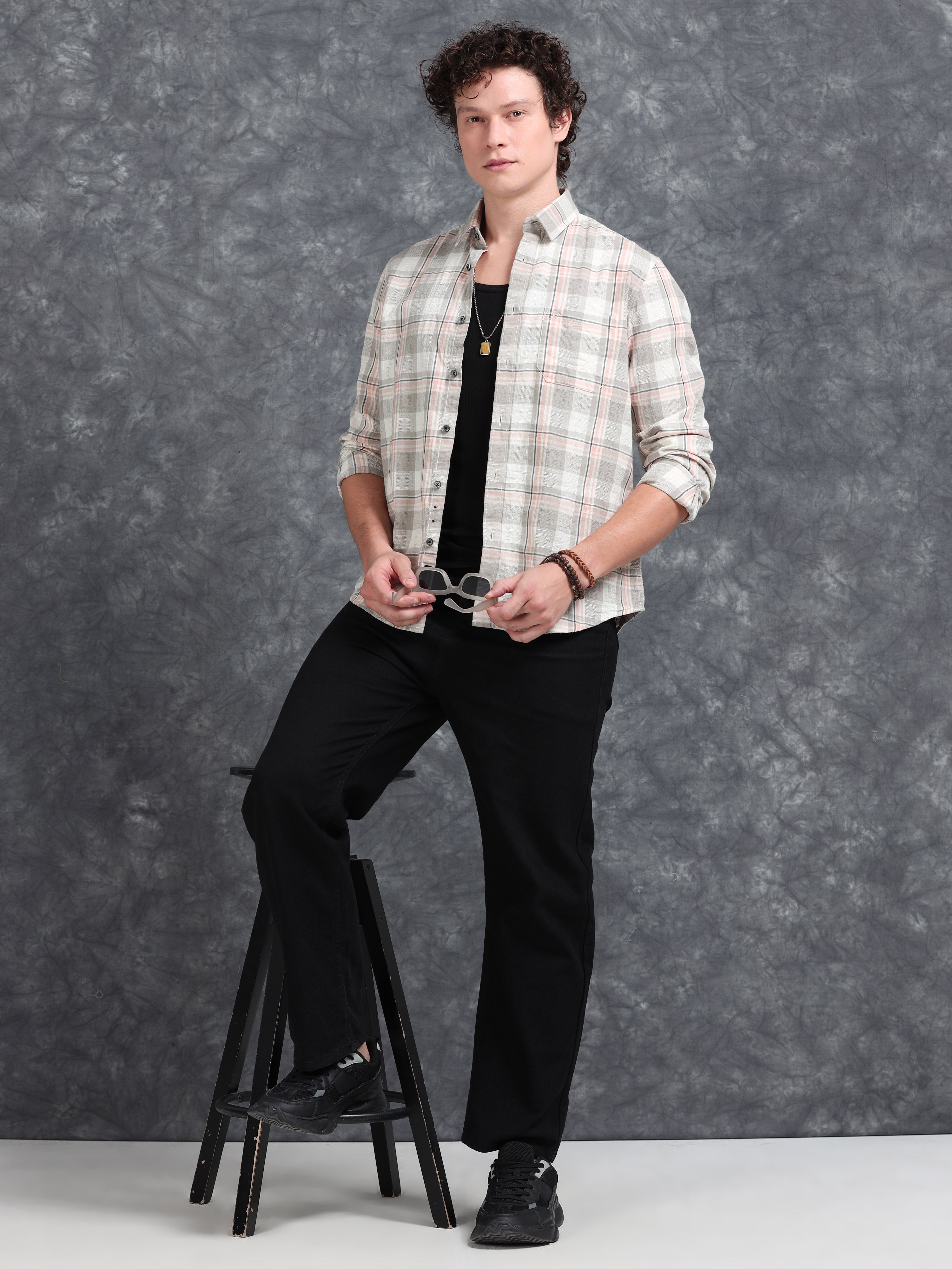 MEN'S LT.ORANGE CHECKS SLIM FIT SHIRT