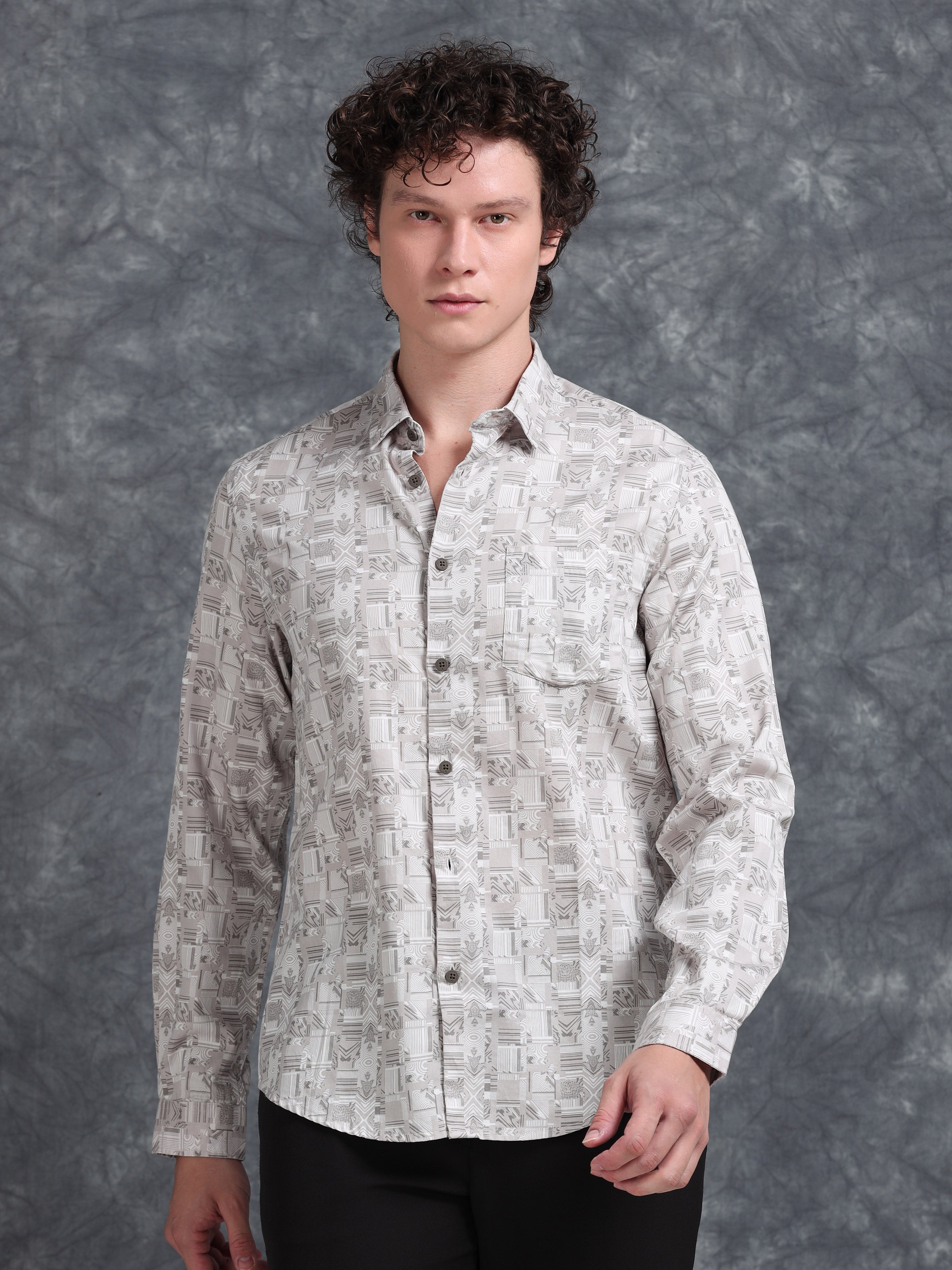 MEN'S LT.BROWN PRINT SLIM FIT SHIRT