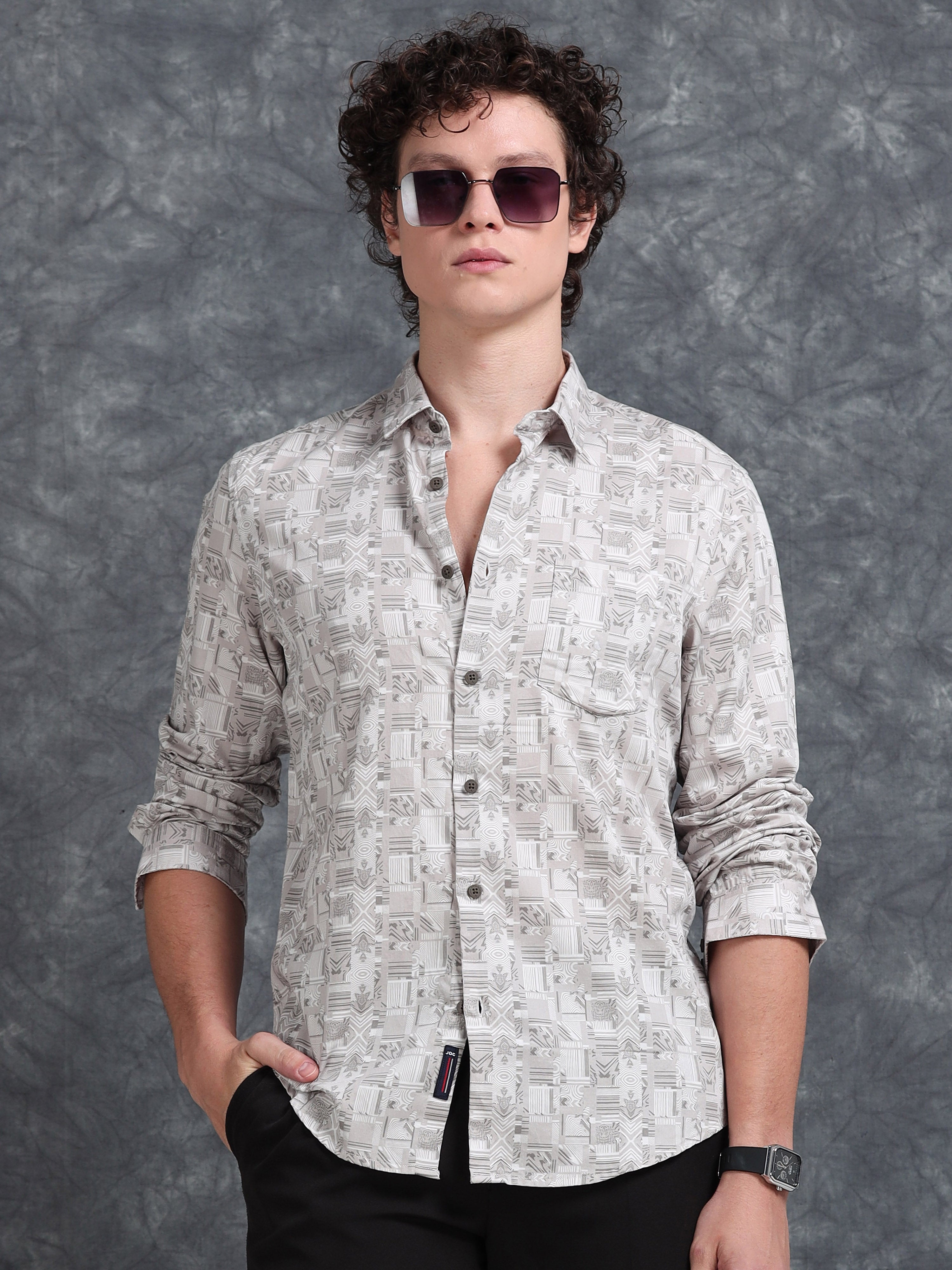 MEN'S LT.BROWN PRINT SLIM FIT SHIRT