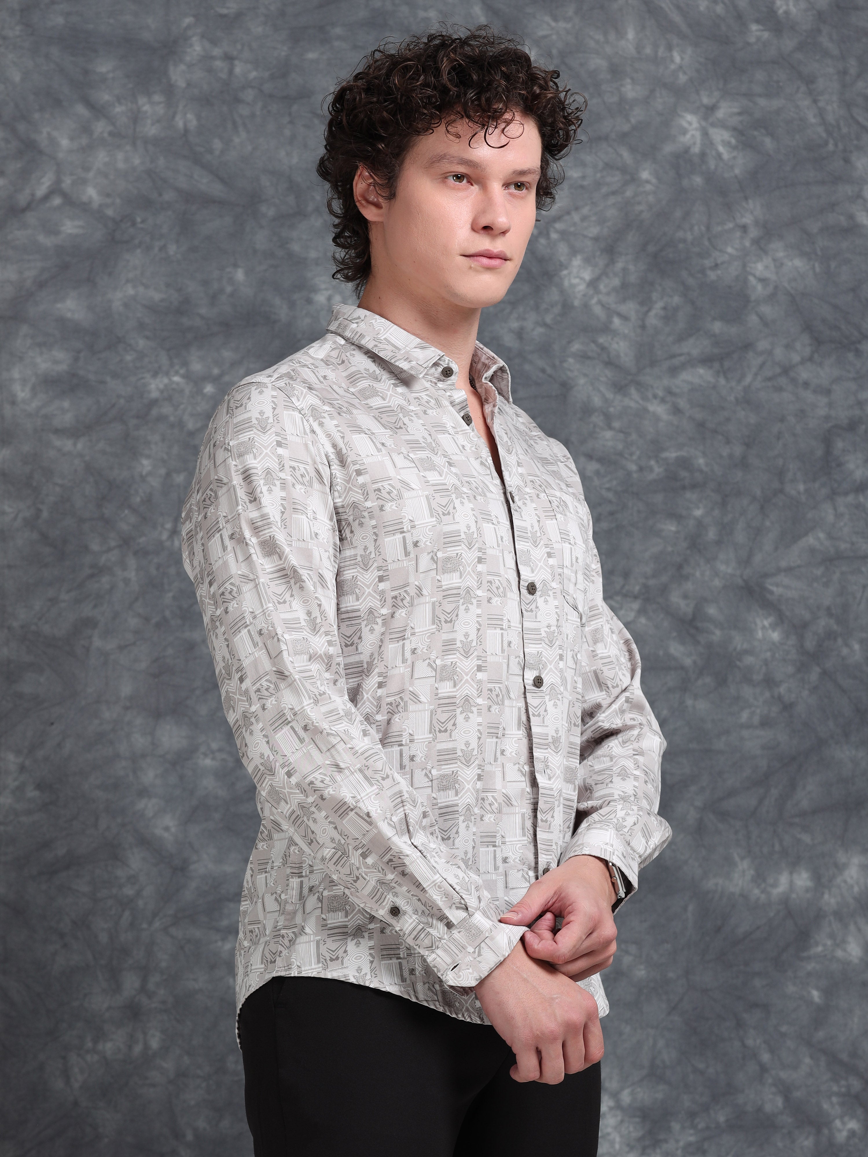 MEN'S LT.BROWN PRINT SLIM FIT SHIRT