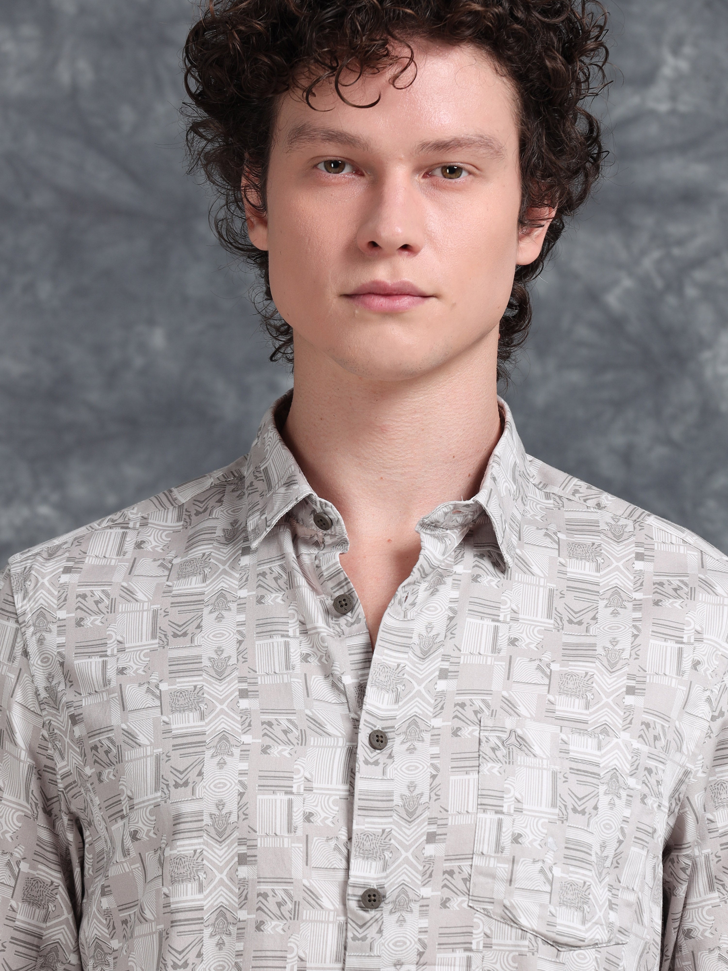 MEN'S LT.BROWN PRINT SLIM FIT SHIRT