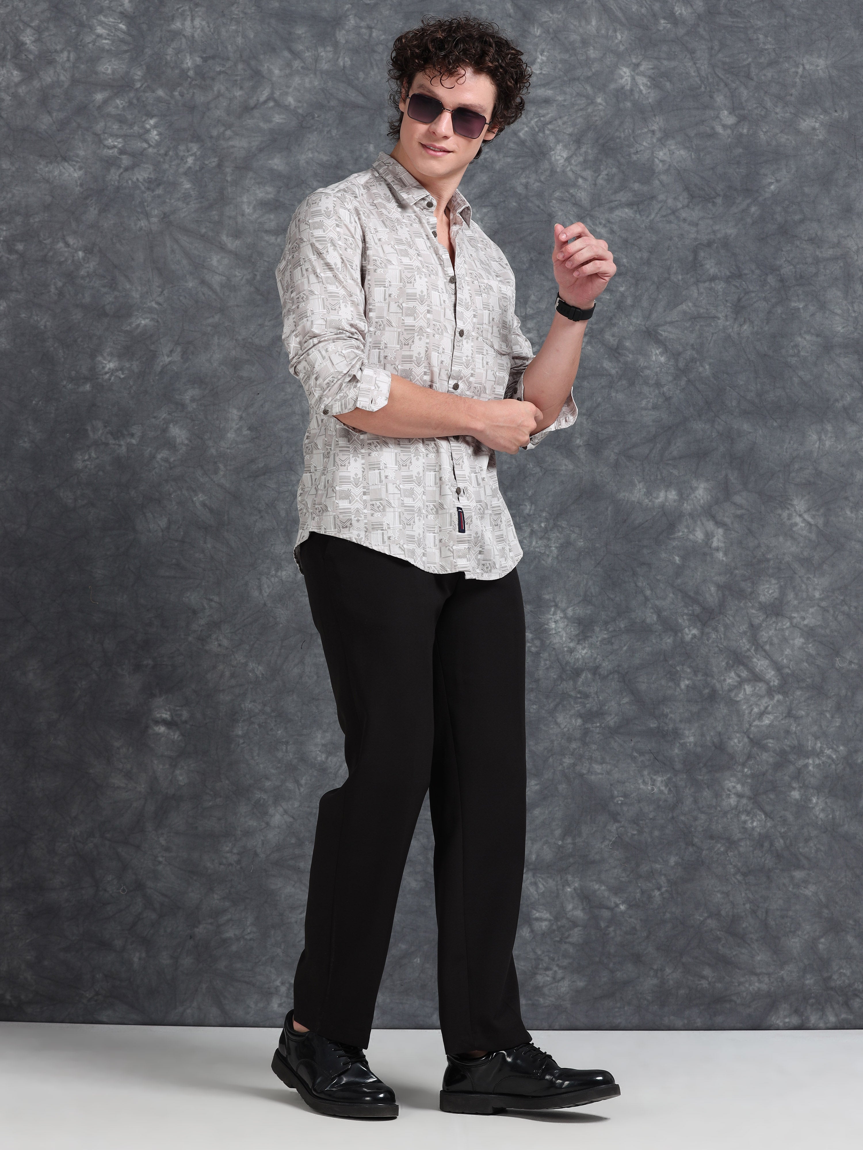 MEN'S LT.BROWN PRINT SLIM FIT SHIRT