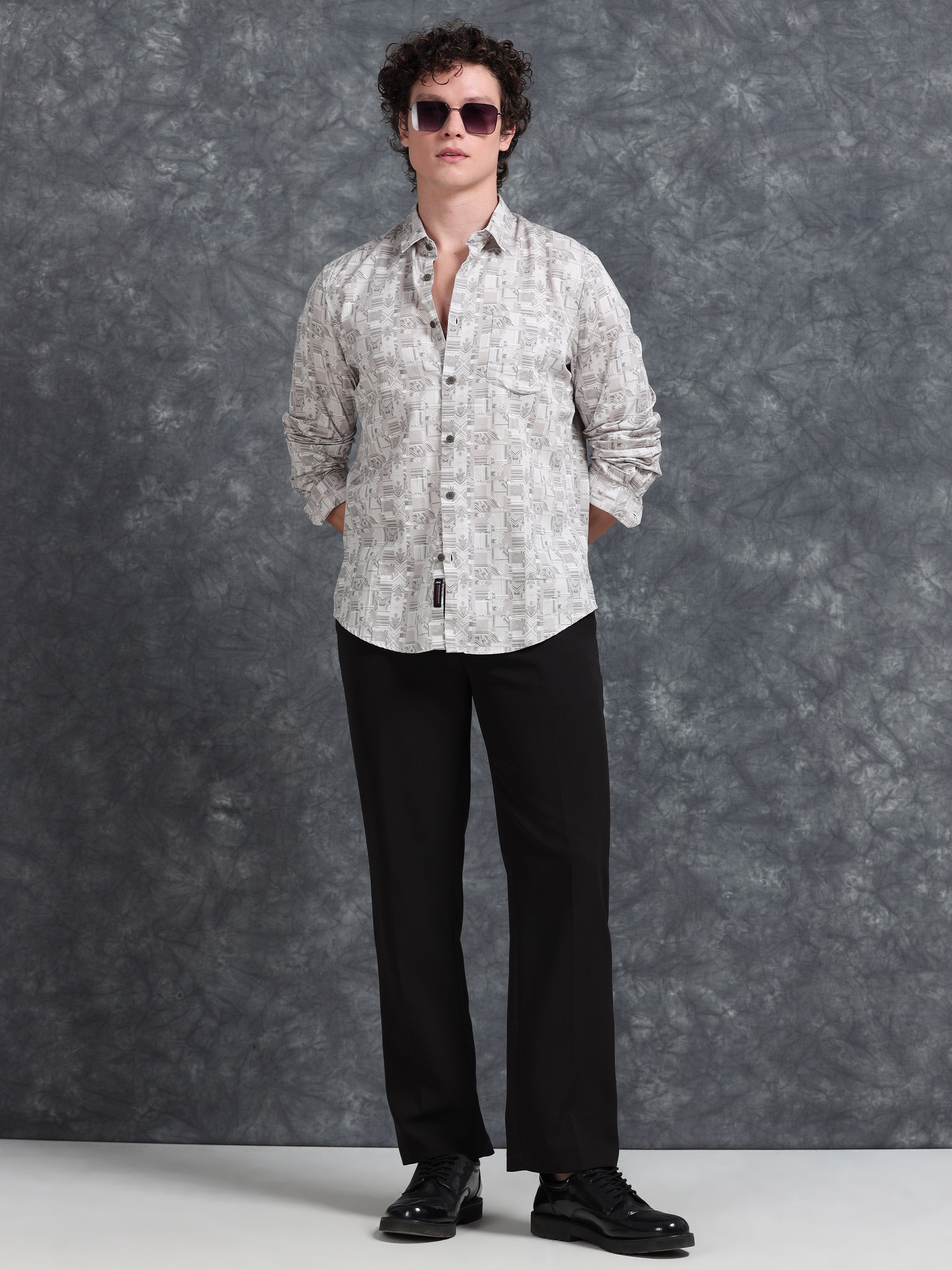 MEN'S LT.BROWN PRINT SLIM FIT SHIRT