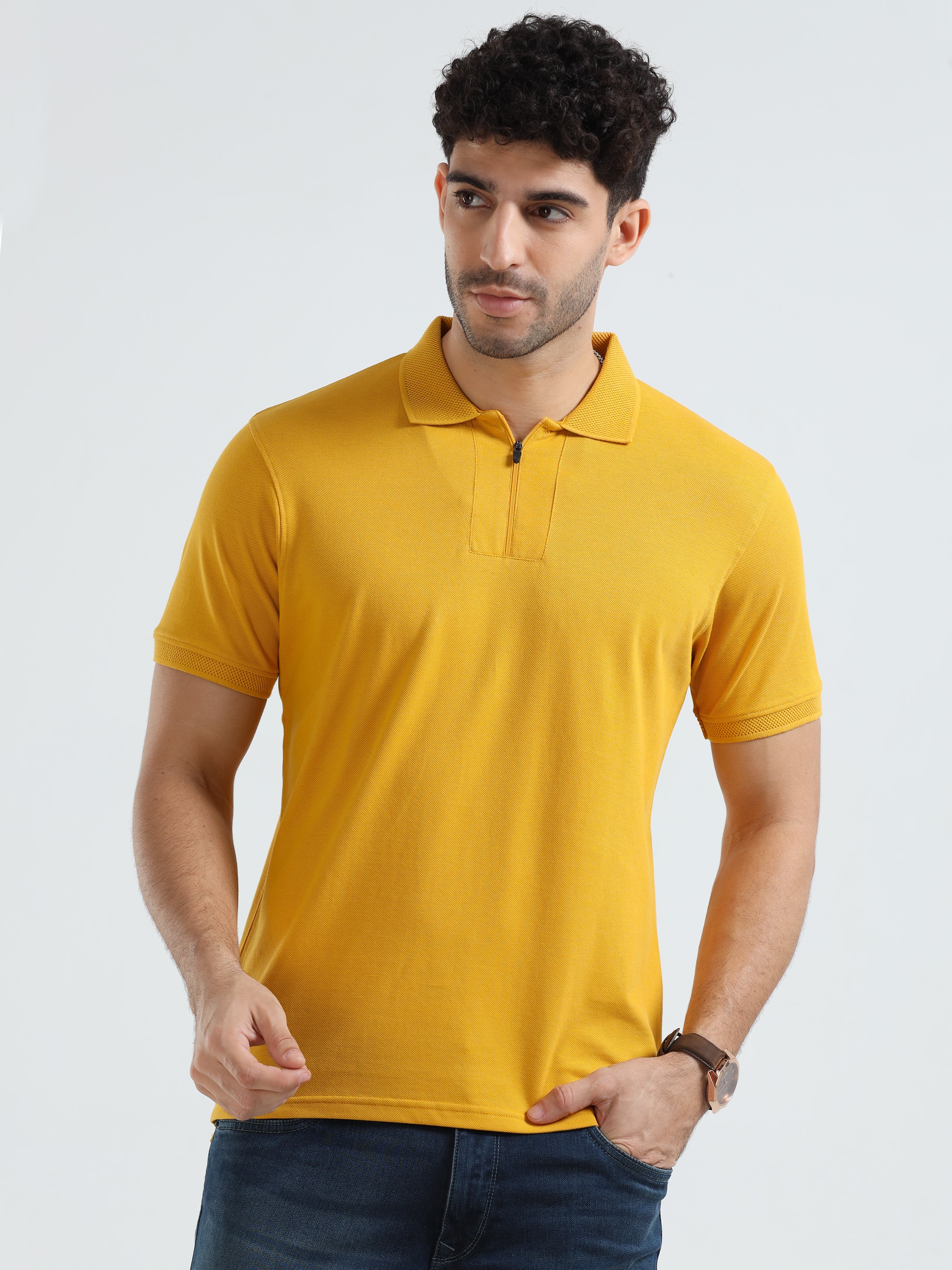 MEN'S YELLOW SOLID SLIM FIT POLO T-SHIRT