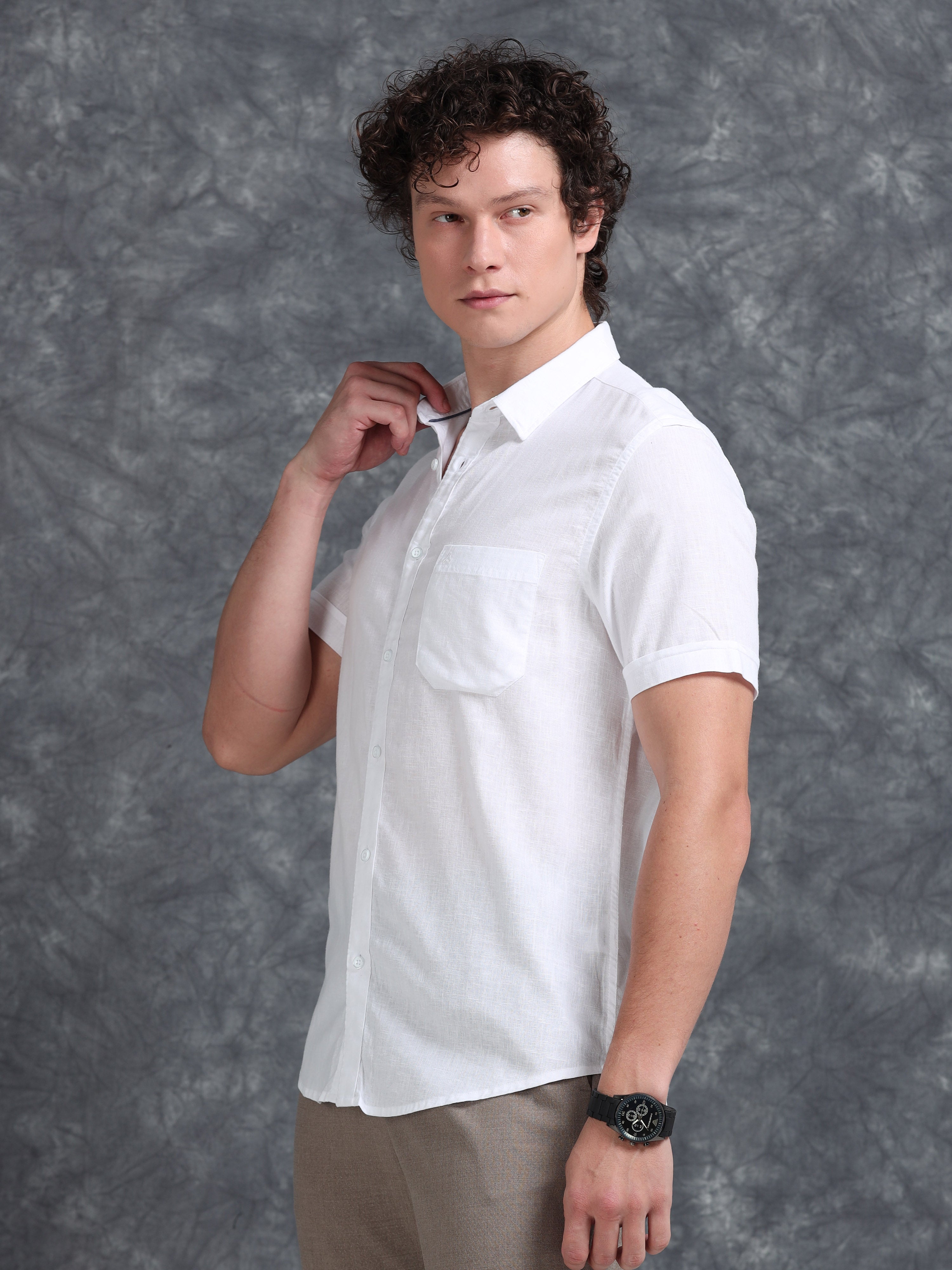 MEN'S WHITE SOLID SLIM FIT LINEN SHIRT