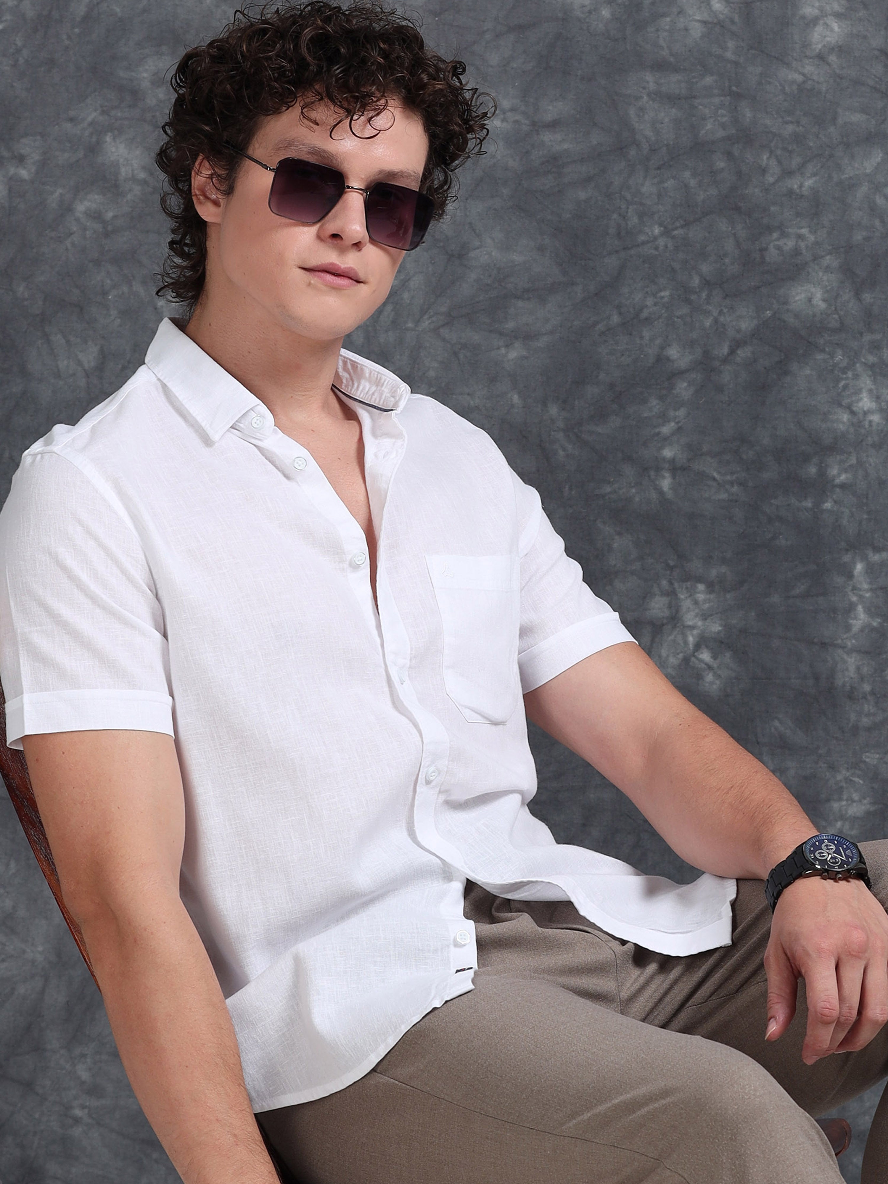 MEN'S WHITE SOLID SLIM FIT LINEN SHIRT