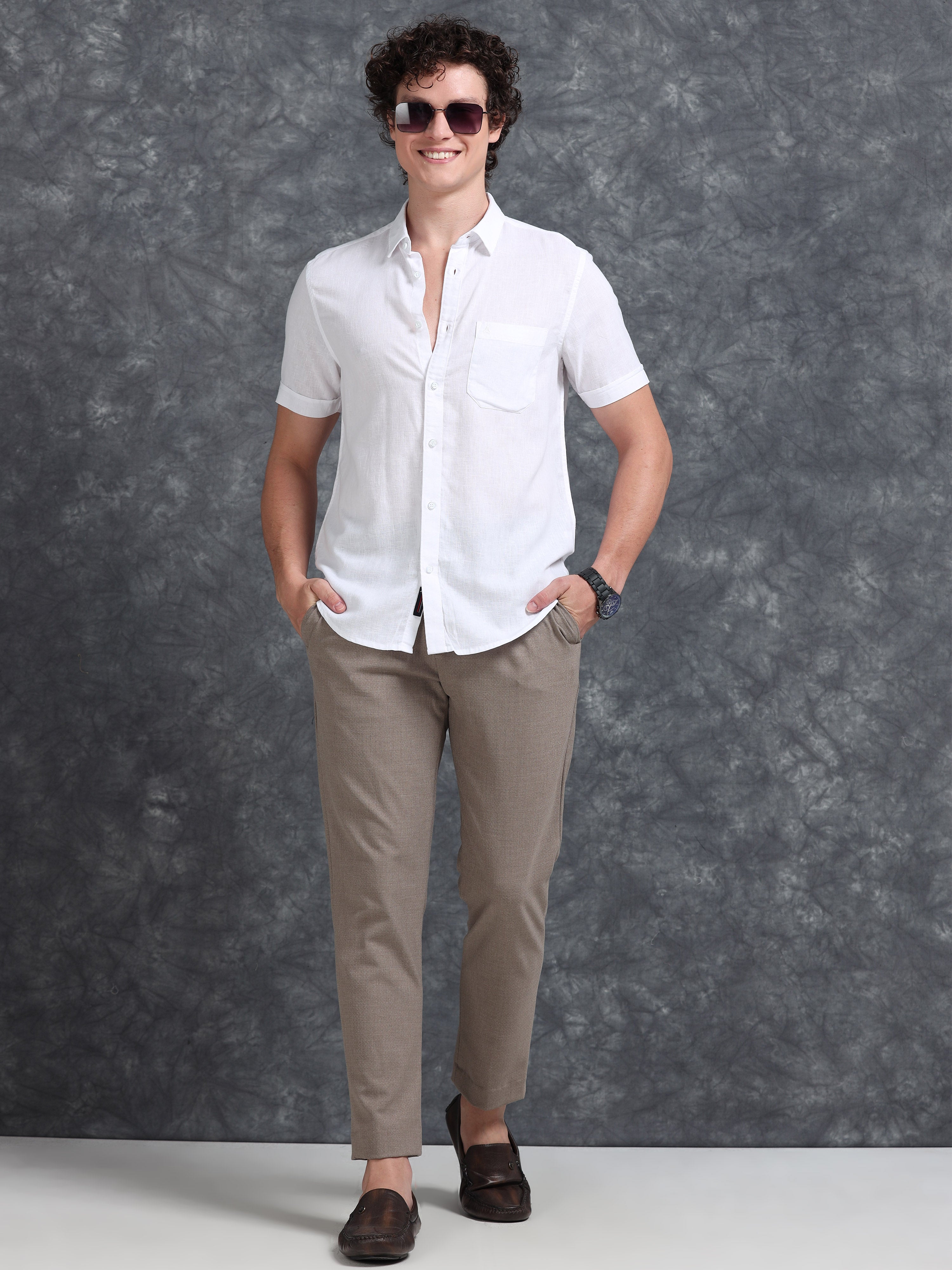 MEN'S WHITE SOLID SLIM FIT LINEN SHIRT