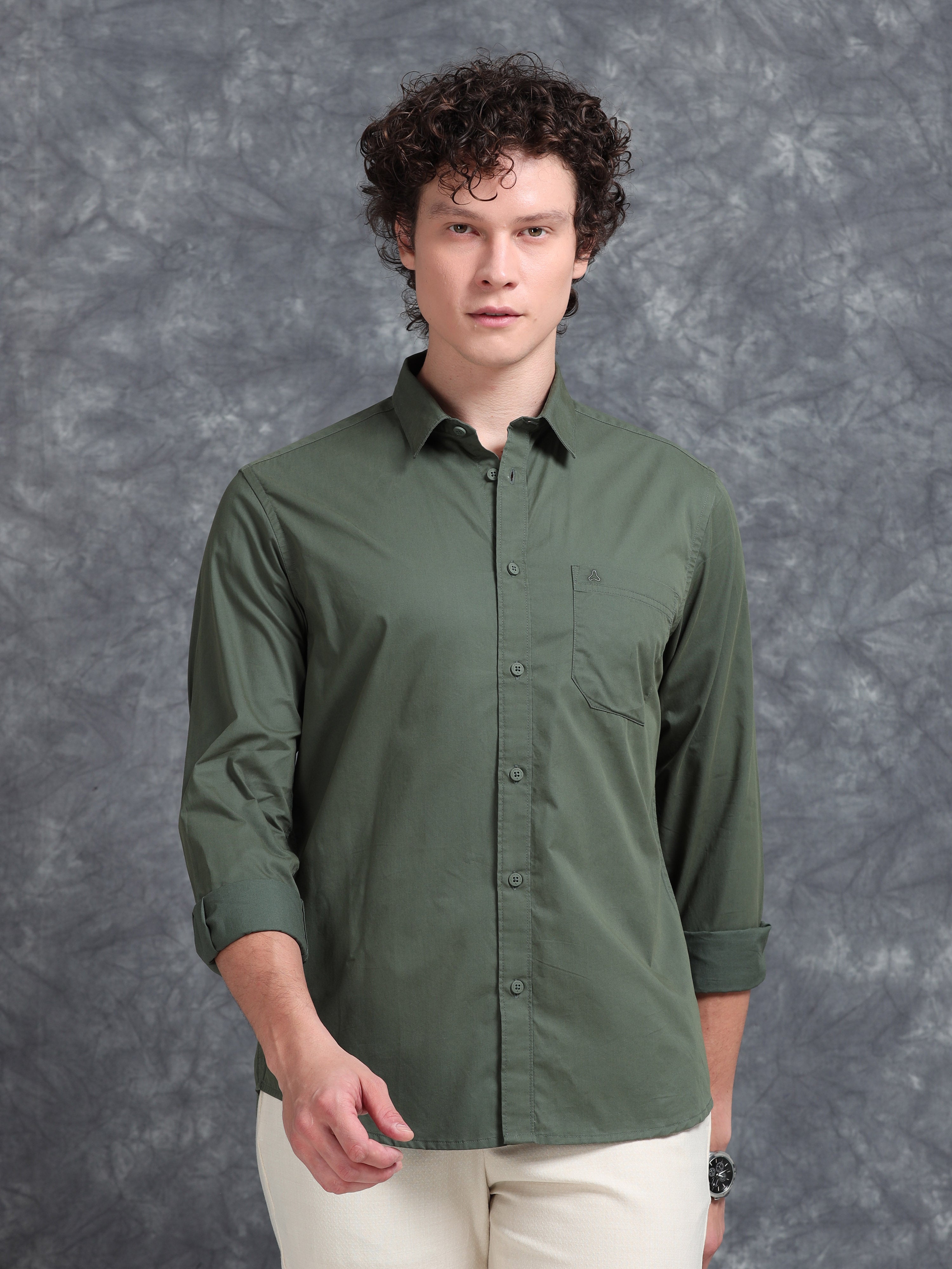 MEN'S GREEN SOLID SLIM FIT SHIRT