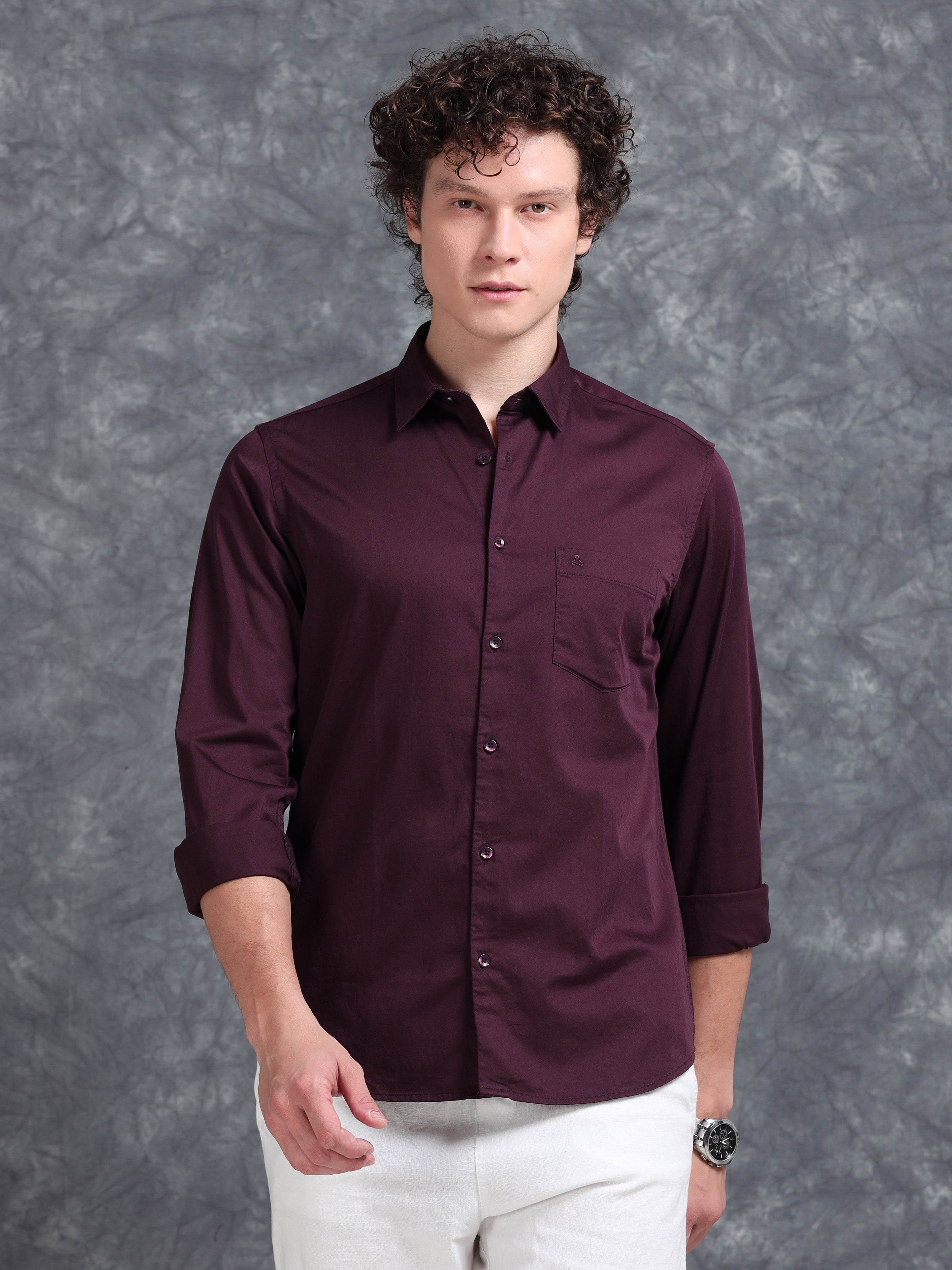 MEN'S WINE SOLID SLIM FIT SHIRT
