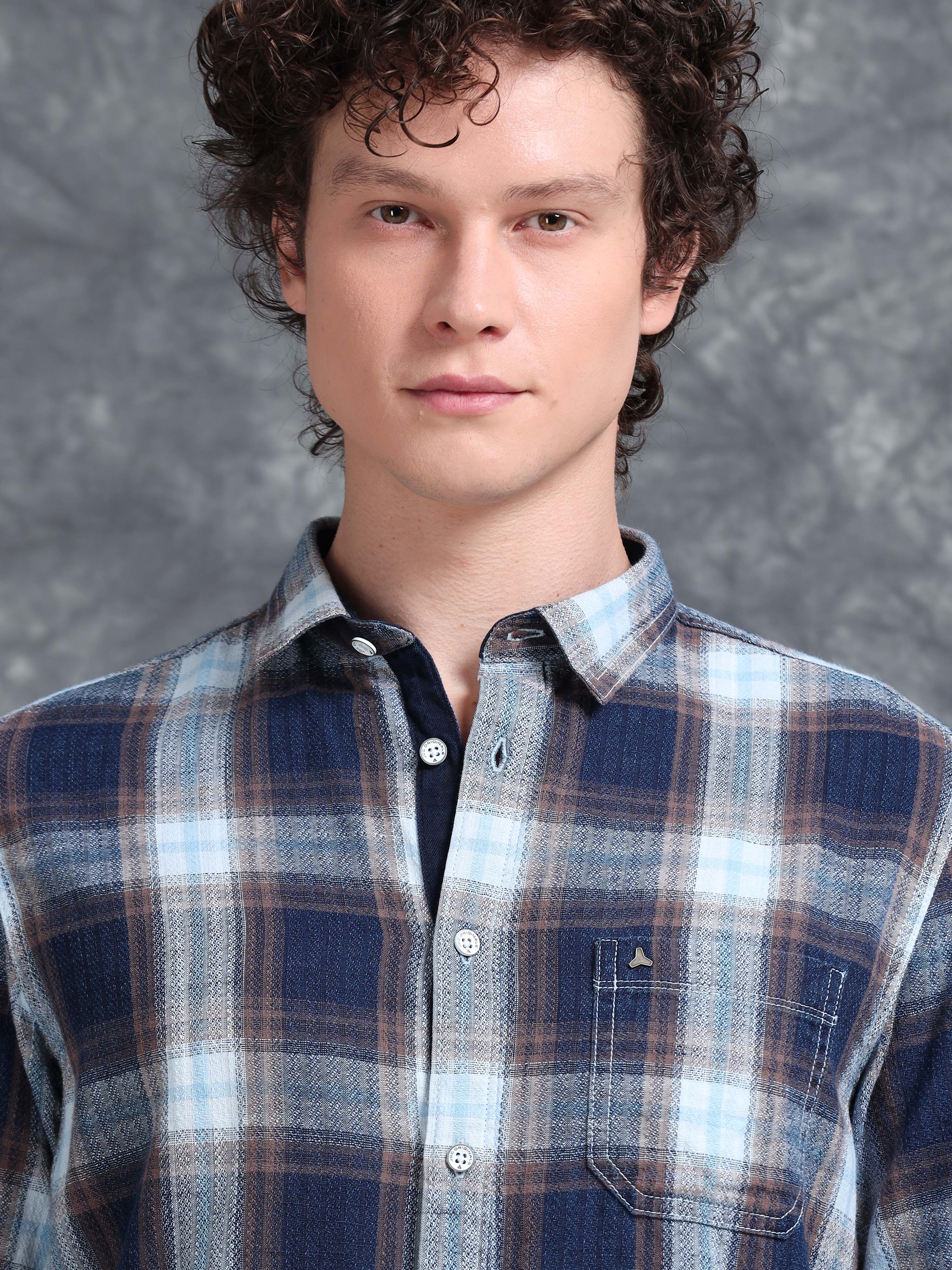 MEN'S GOLDEN NAVY INDIGO CHECKS SLIM FIT SHIRT