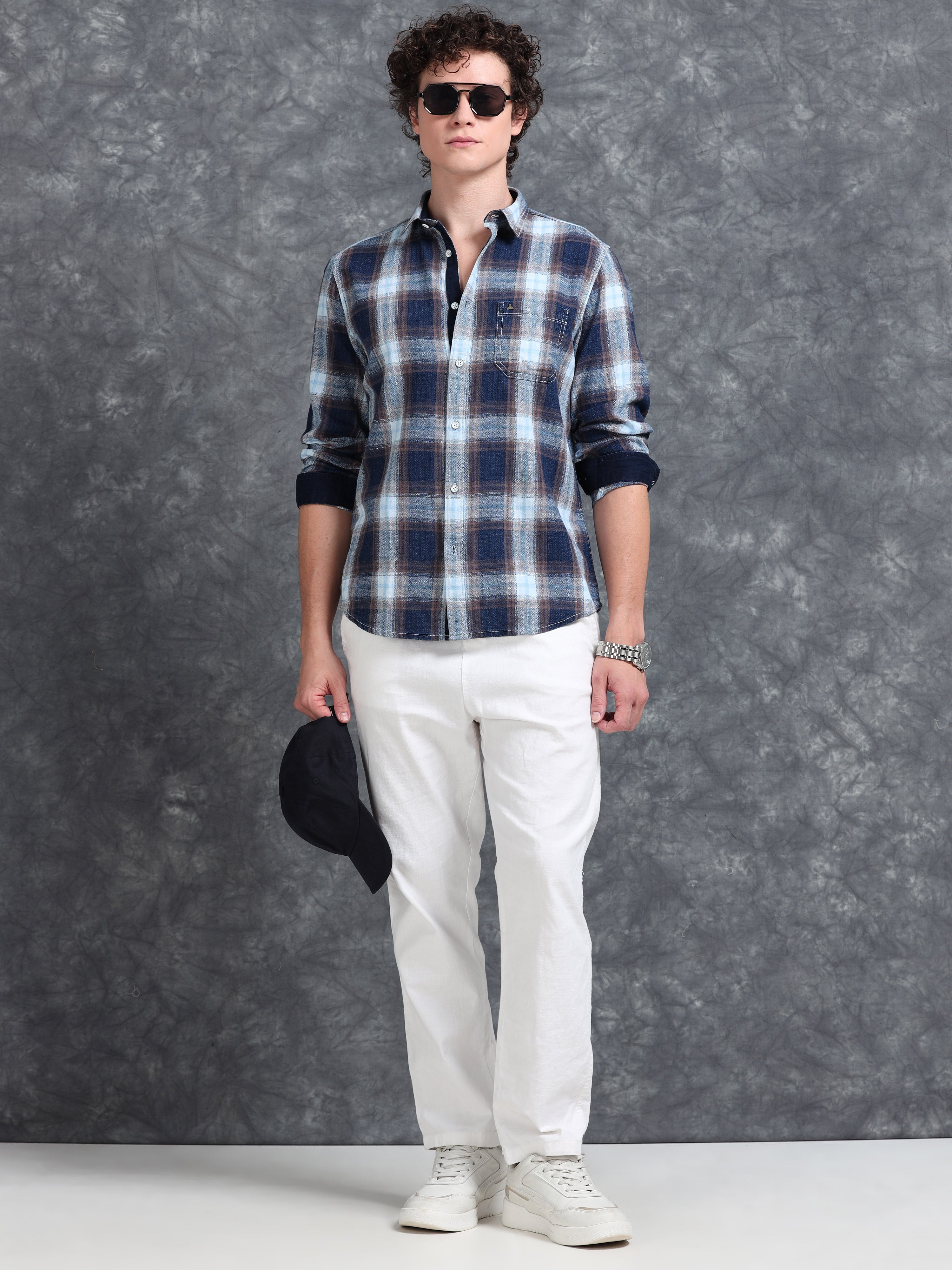 MEN'S GOLDEN NAVY INDIGO CHECKS SLIM FIT SHIRT