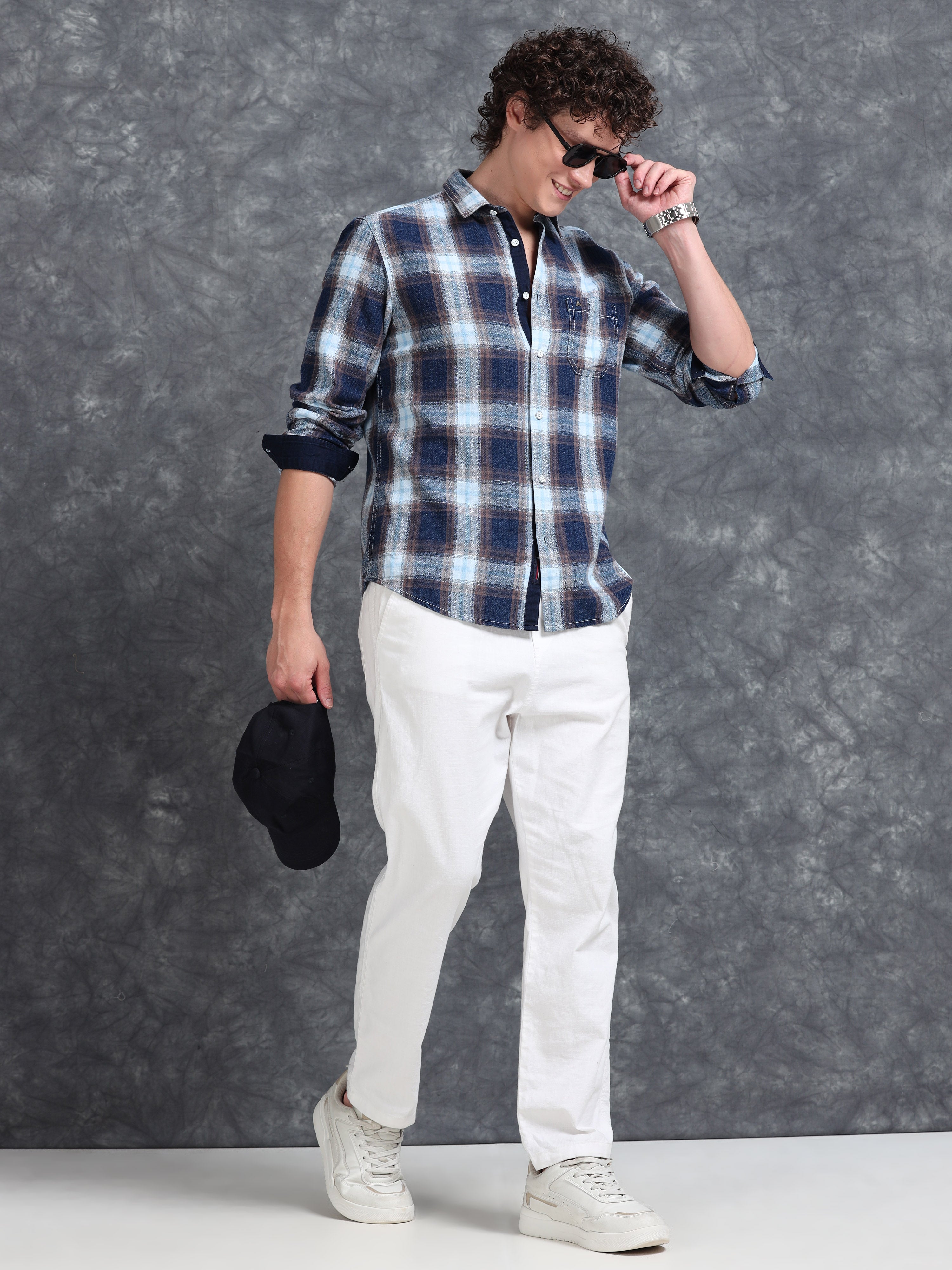 MEN'S GOLDEN NAVY INDIGO CHECKS SLIM FIT SHIRT