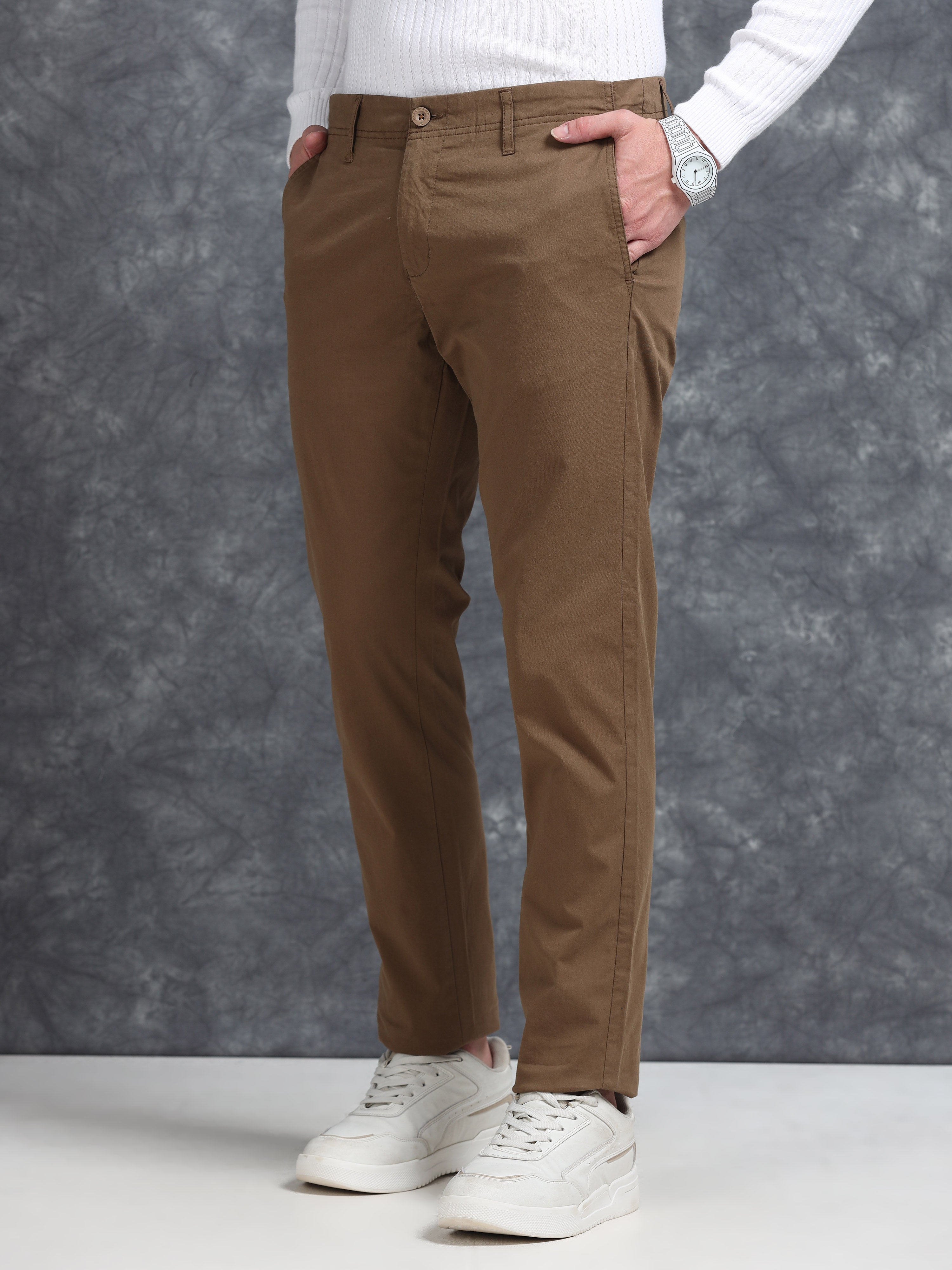 MEN'S DK.KHAKI SOLID SLIM FIT TROUSER