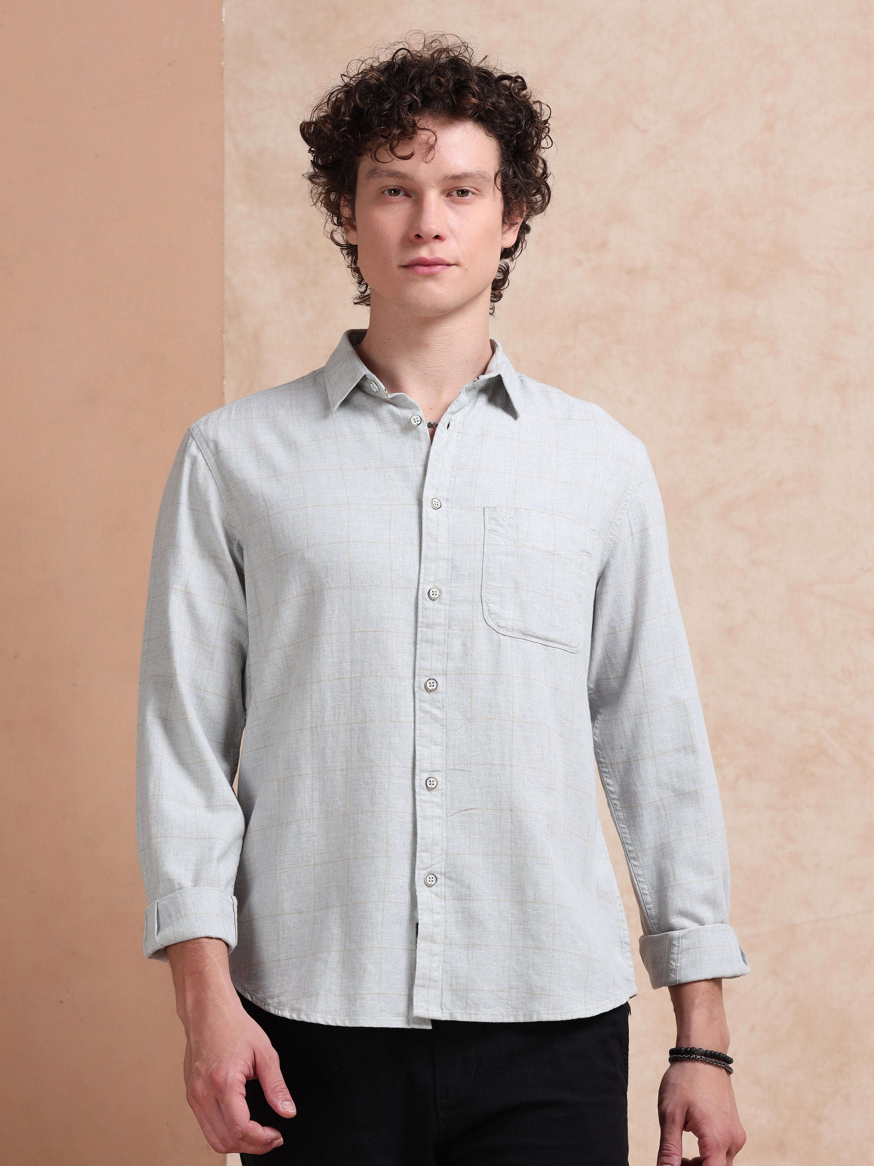 MEN'S LT.GREY CHECKS SLIM FIT SHIRT