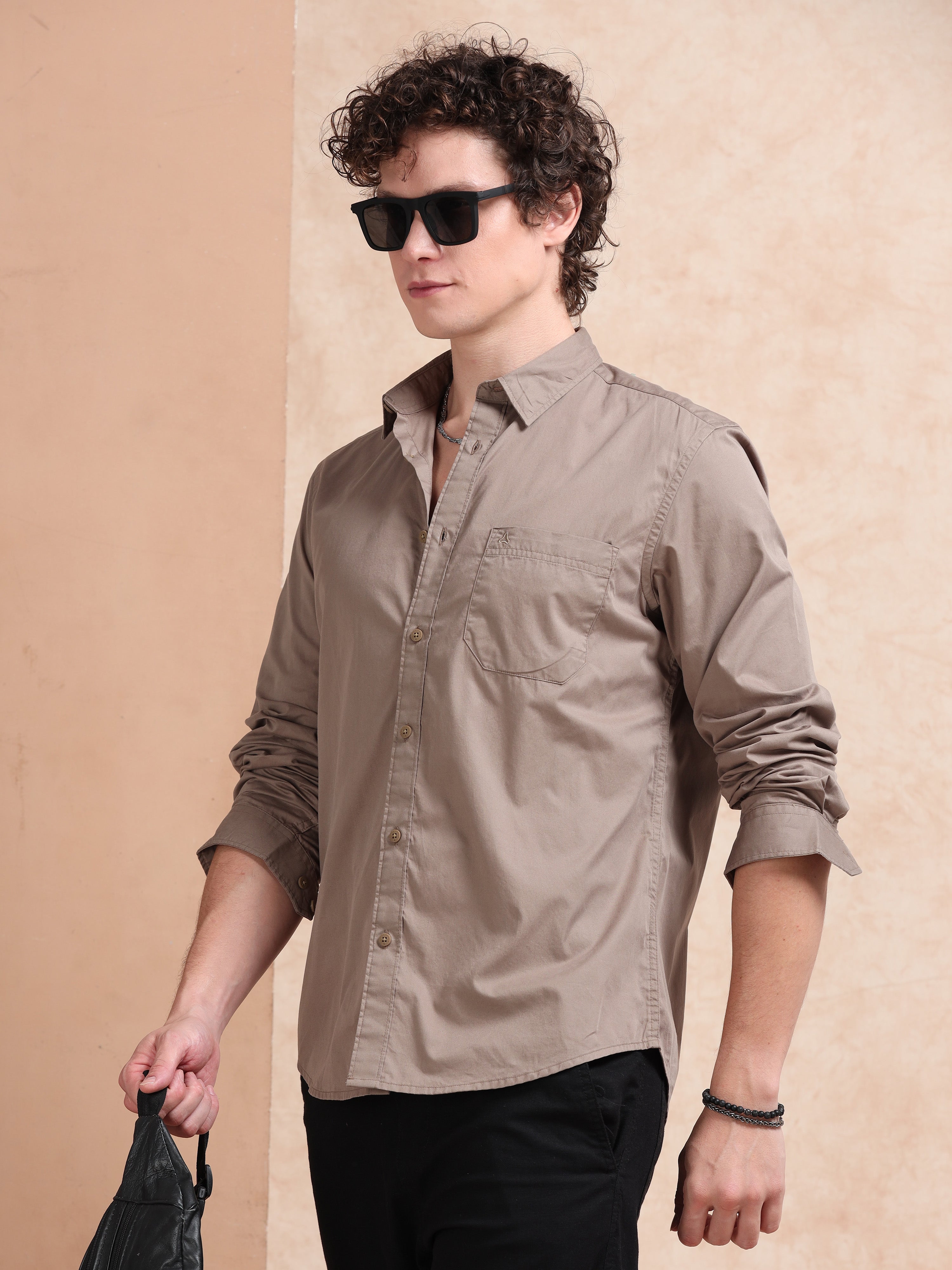 MEN'S DK.KHAKI SOLID SLIM FIT SHIRT