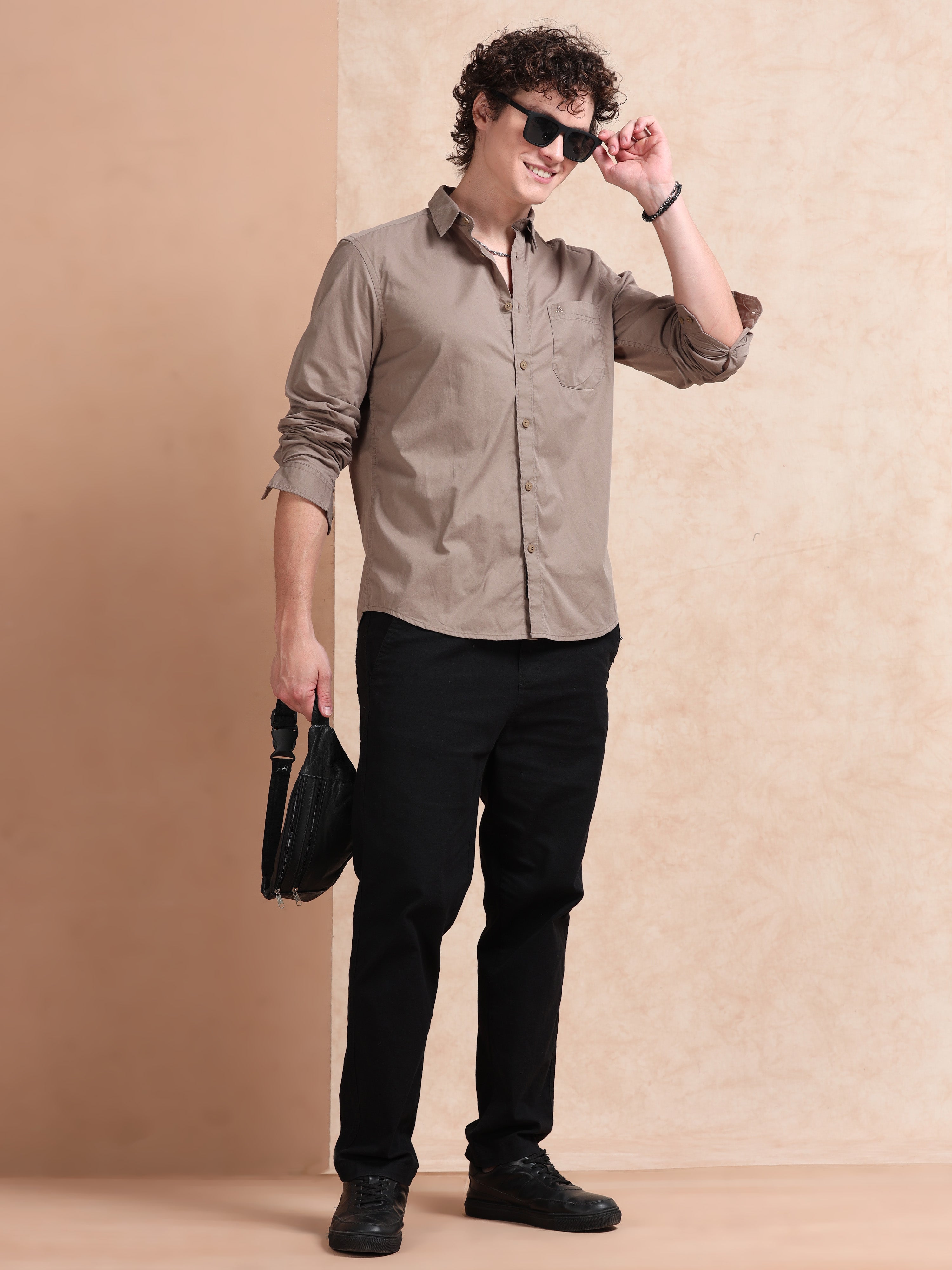 MEN'S DK.KHAKI SOLID SLIM FIT SHIRT
