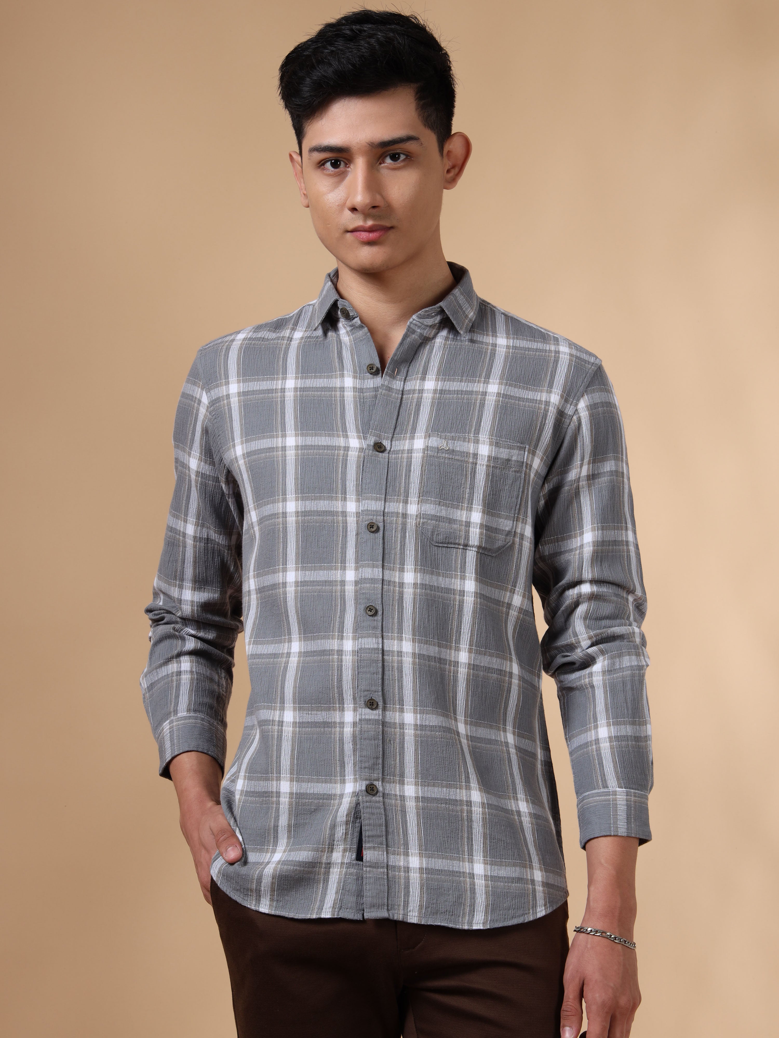 MEN'S GREY CHECKS SLIM FIT SHIRT