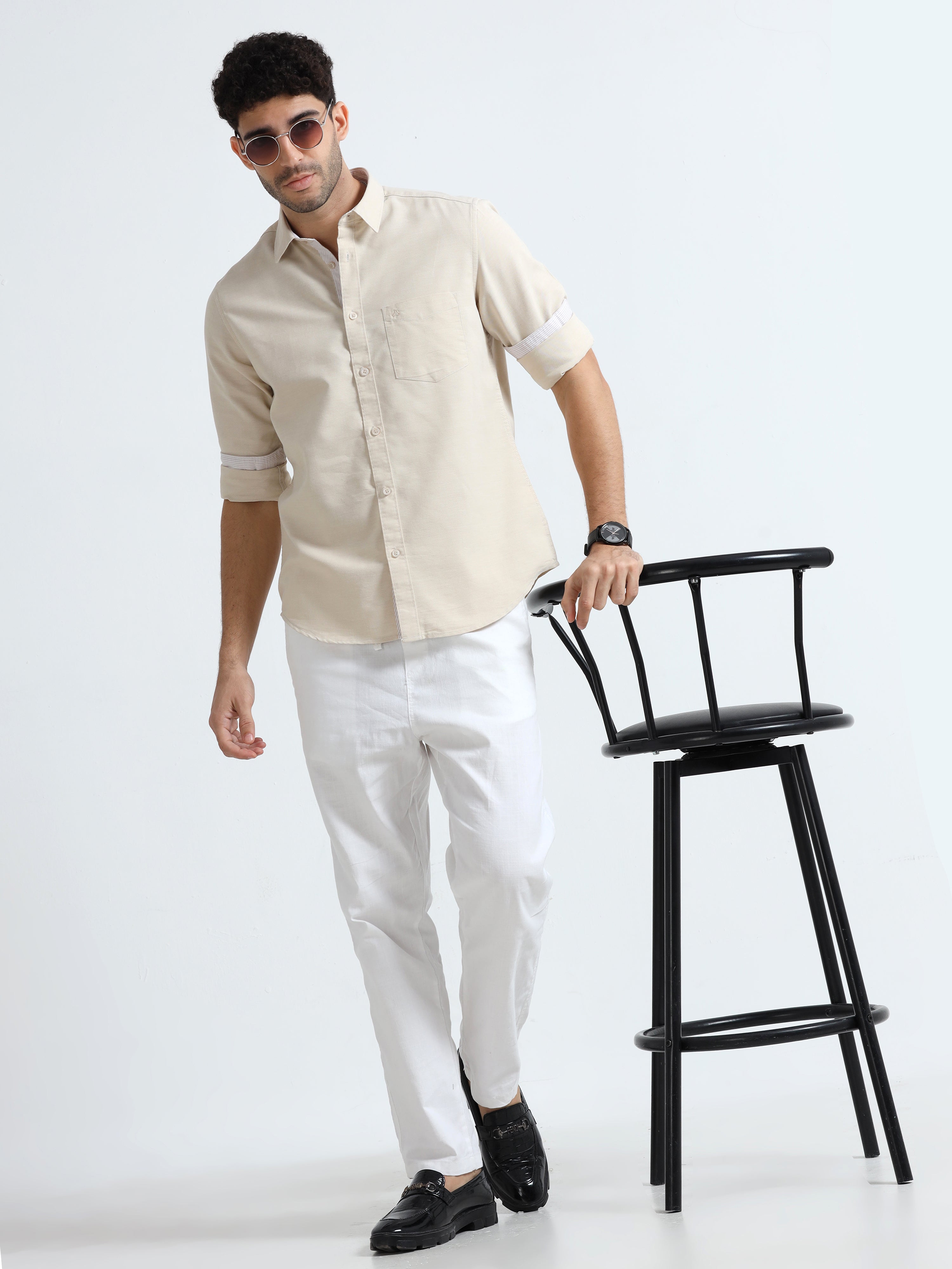 MEN'S LT.BEIGE-OXFORD SOLID SLIM FIT SHIRT