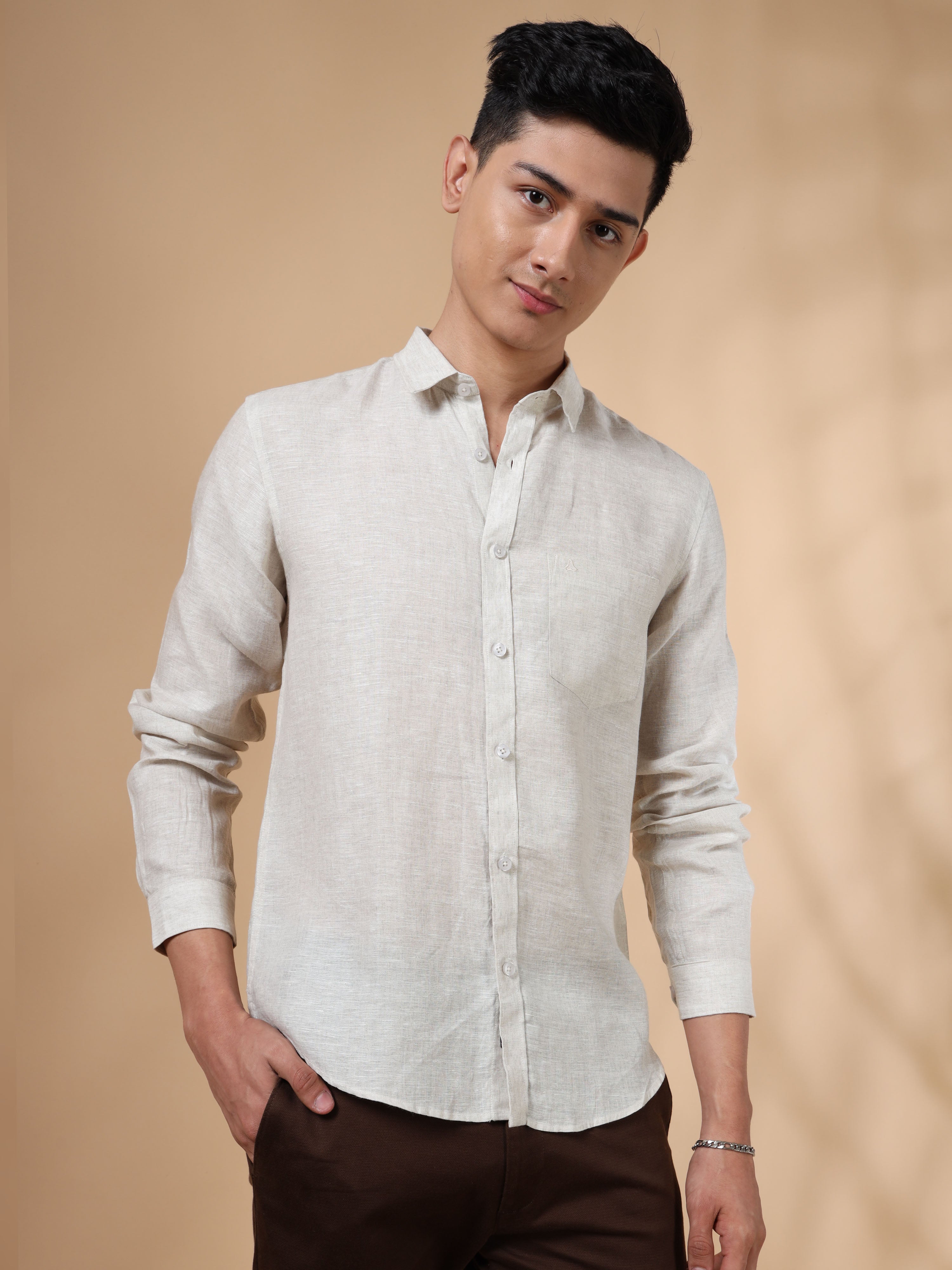 MEN'S NATURAL SOLID SLIM FIT LINEN SHIRT
