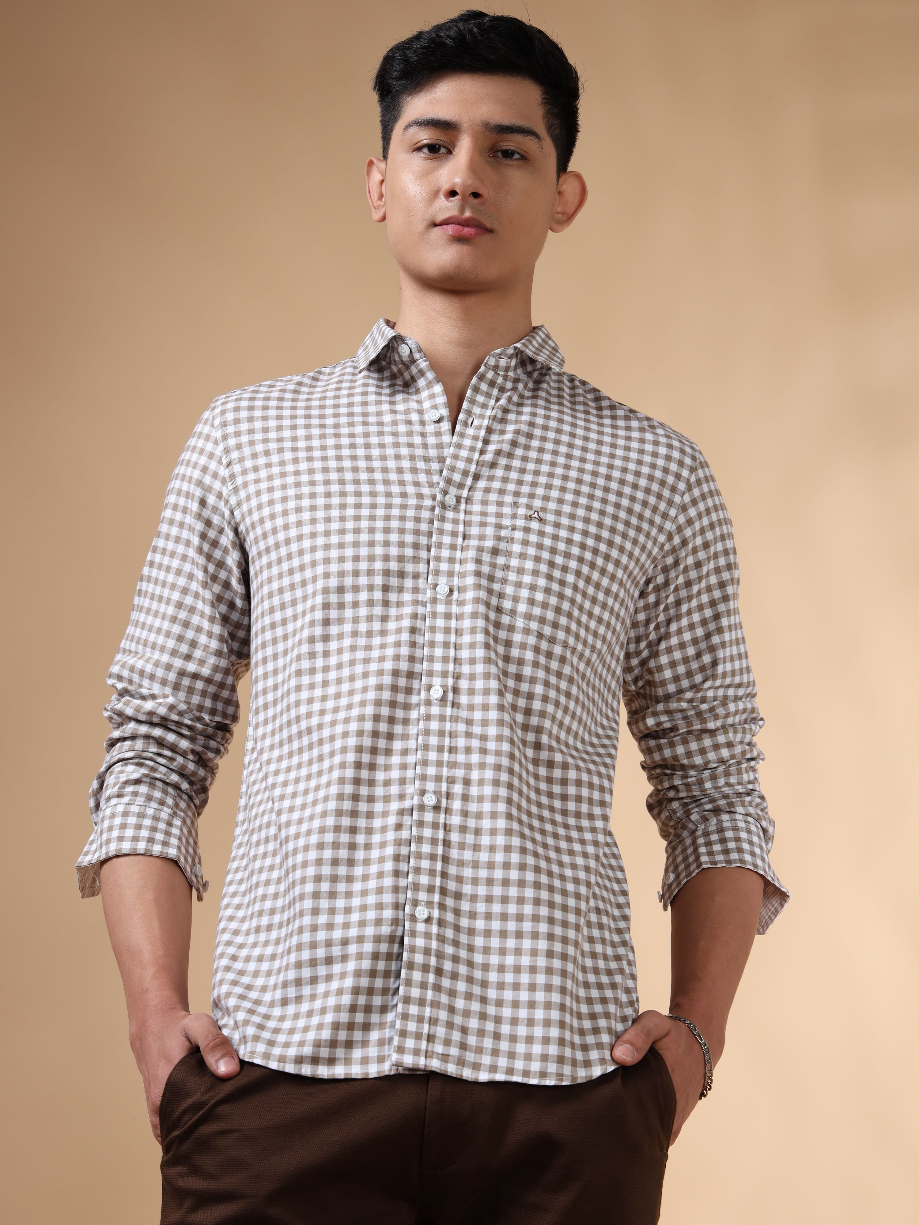 MEN'S BROWN CHECKS SLIM FIT SHIRT