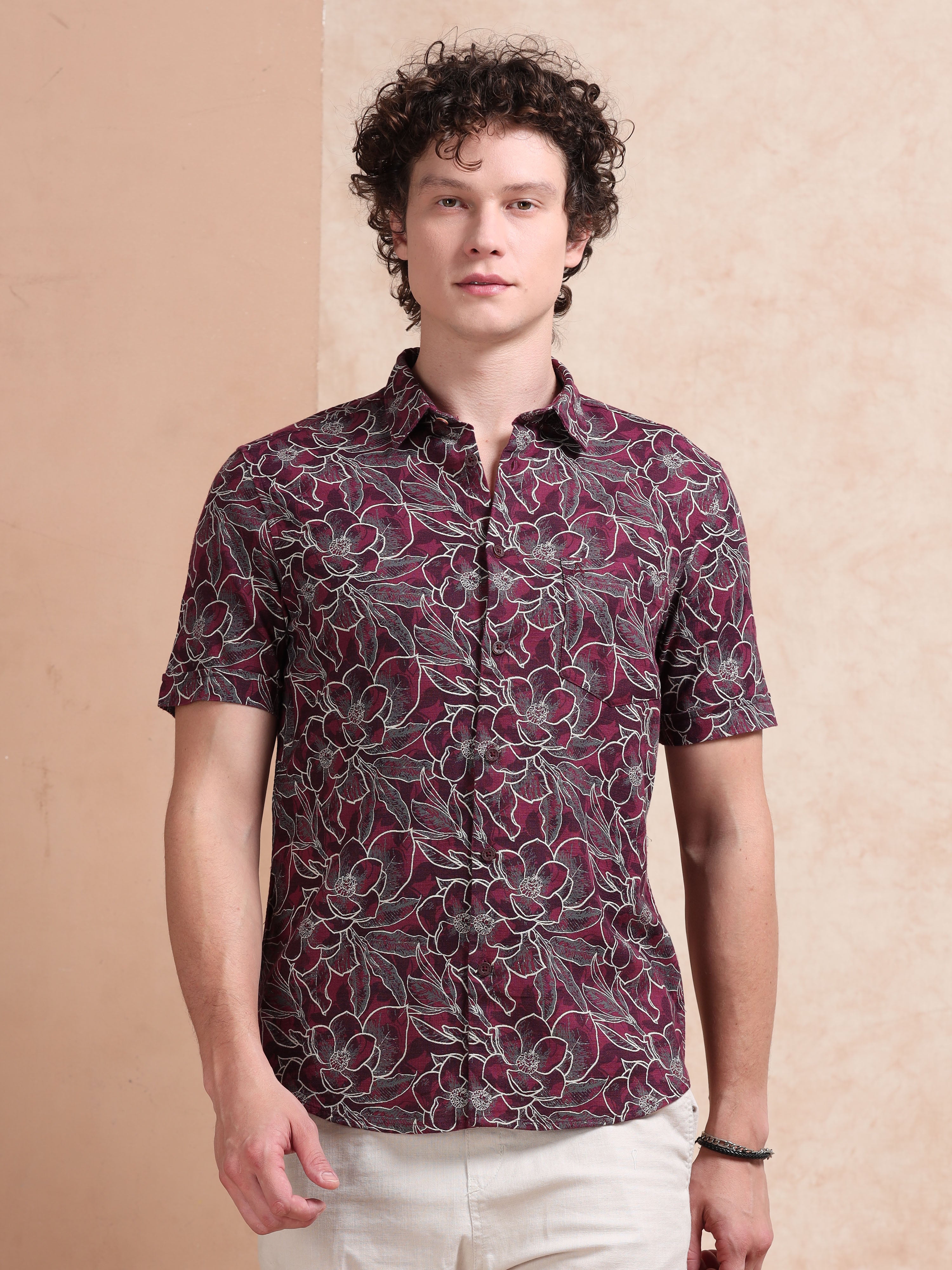 MEN'S MAROON PRINT SLIM FIT SHIRT