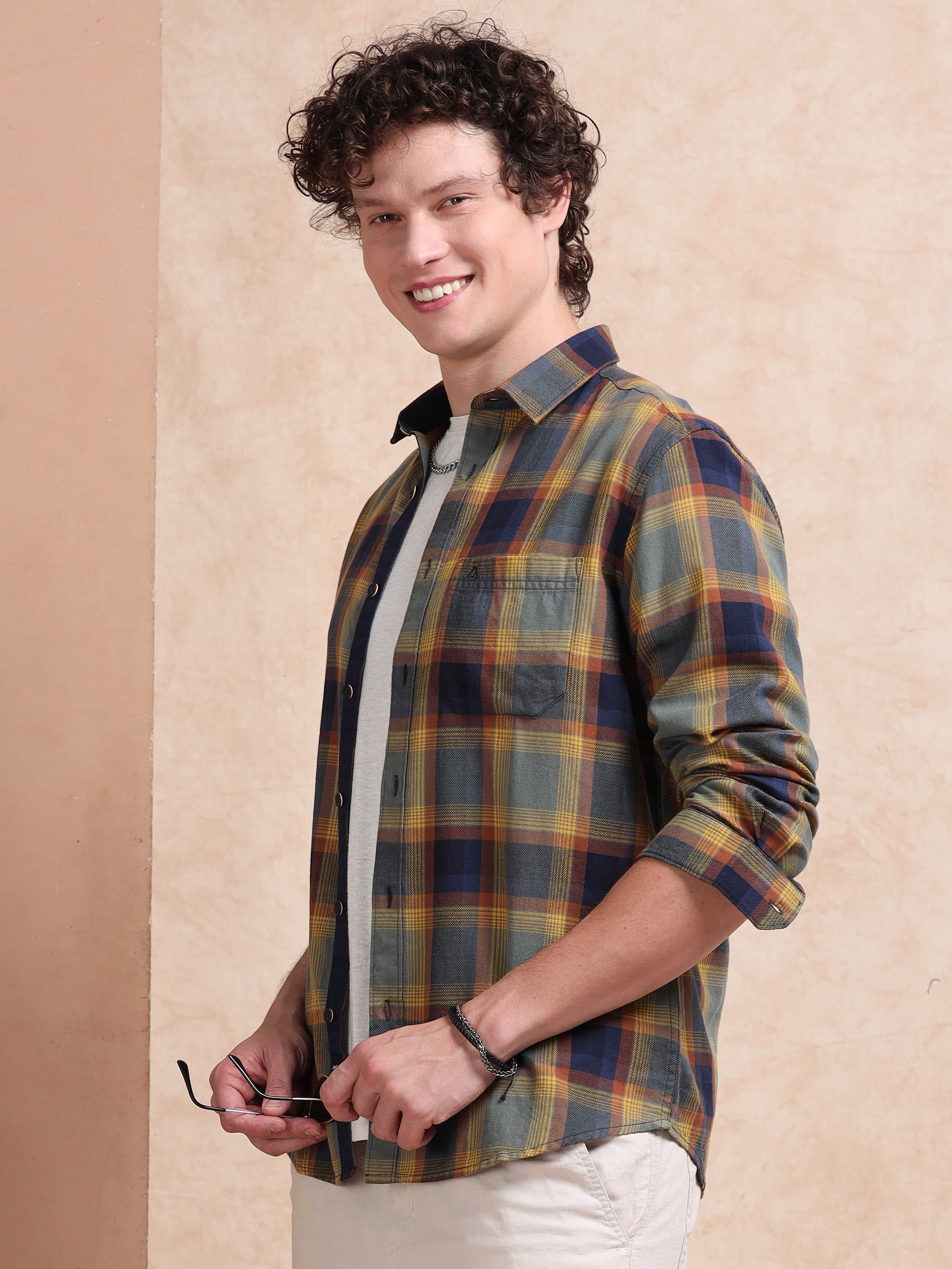 MEN'S YELLOW CHECKS SLIM FIT SHIRT